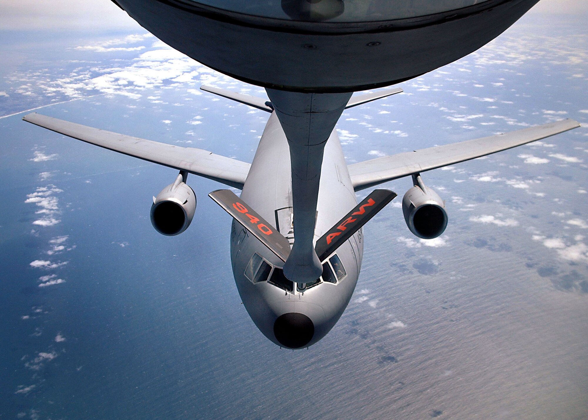 Civilian employers saw this view April 2, 2005 from a KC-135 Stratotanker refueling a KC-10A Extender above the Pacific Ocean west of San Francisco. The 940th Air Refueling Wing conducts orientation flights and other outreach programs to help inform civilian employers about the mission their employees support. 
(U.S. Air Force photo by Airman 1st Class Brooke Mayberry)
