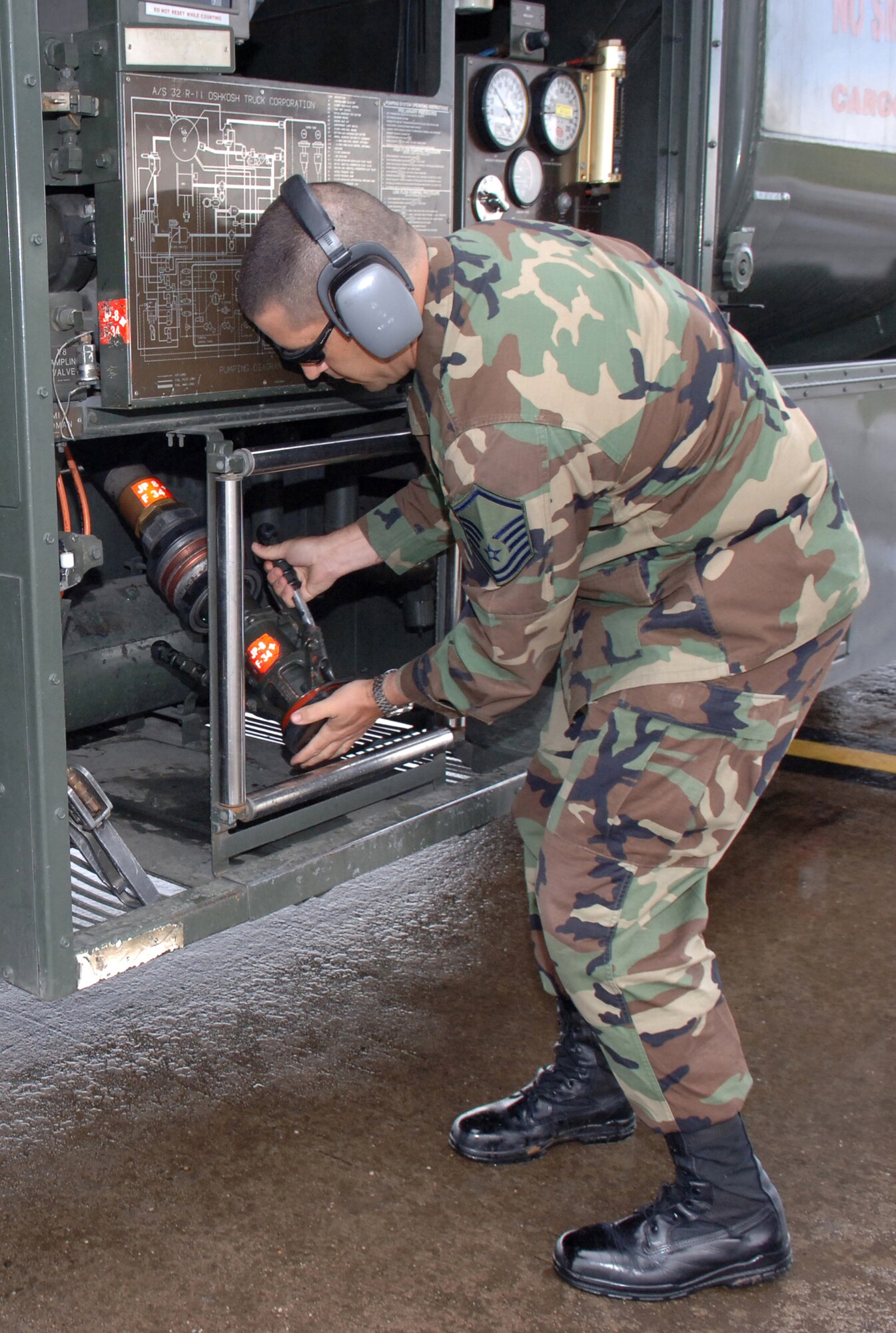 Master Sgt. Dennis Schmitt, 39th Logistics Readiness Squadron noncommissioned officer in charge of fuel distribution, prepares to fuel a C-130 Hercules March 9.