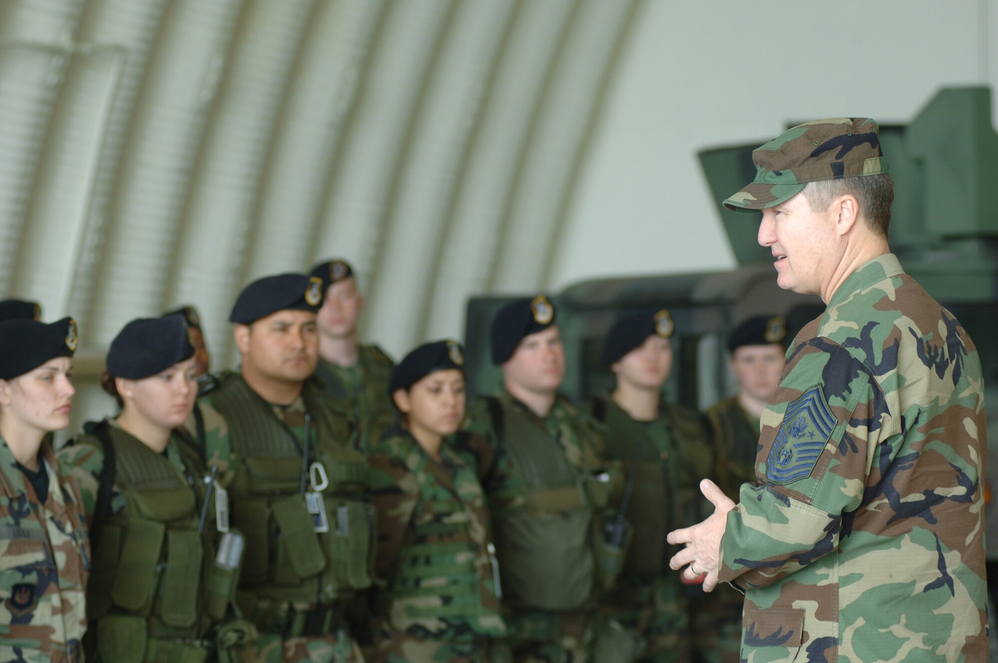 Chief Master Sgt.of the Air Force Gerald Murray speaks to Airmen of the 39th Security Forces Squadron Bravo Flight during his installation tour March 14, 2006 Incirlik AB, Turkey. Chief Murray, who was assigned to (then) the 39th Consolidated Maintenance Squadron here as a F-16 Fighting Falcon crew chief, embarks on a 3 day tour to talk with Airmen assigned here and insight on the 39th ABW mission.
(Photo by Senior Airman Larry E. Reid Jr.)