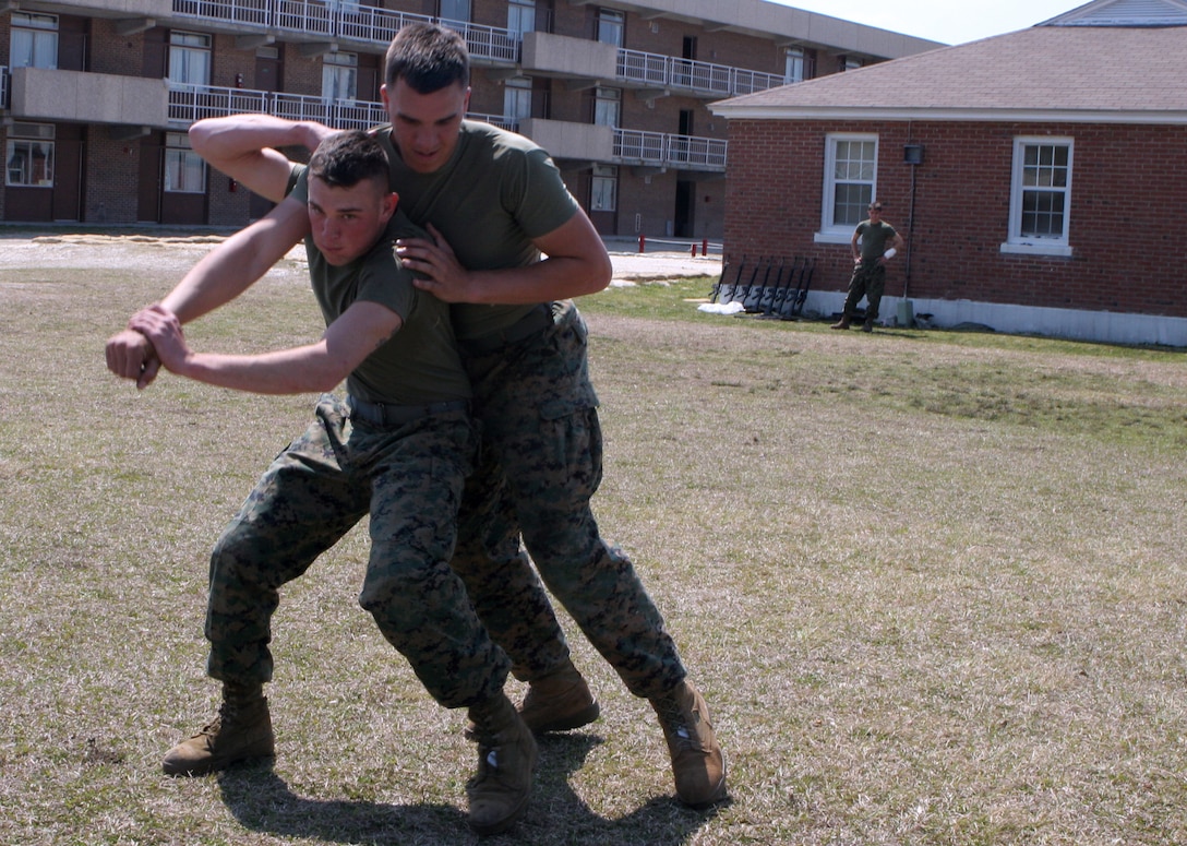 MARINE CORPS BASE CAMP LEJEUNE, N.C. - Lance Cpl. Ethan D. Dyson, 20, of Bend, Ore., cannoneer with Alpha Battery, 1st Battalion, 10th Marines, 2nd Marine Division, attempts to flip over his back fellow cannoneer, Lance Cpl. Chris S. Landis, 24, of Middletown, Ohio, during  a martial arts demonstration recently. The Marine Corps Martial Arts Program teaches Marines techniques and moves to help them fend off those who choose to fight hand-to-hand. The Marines pictured here were training for their green belts. (Marine Corps photo by Cpl. Ruben D. Maestre)