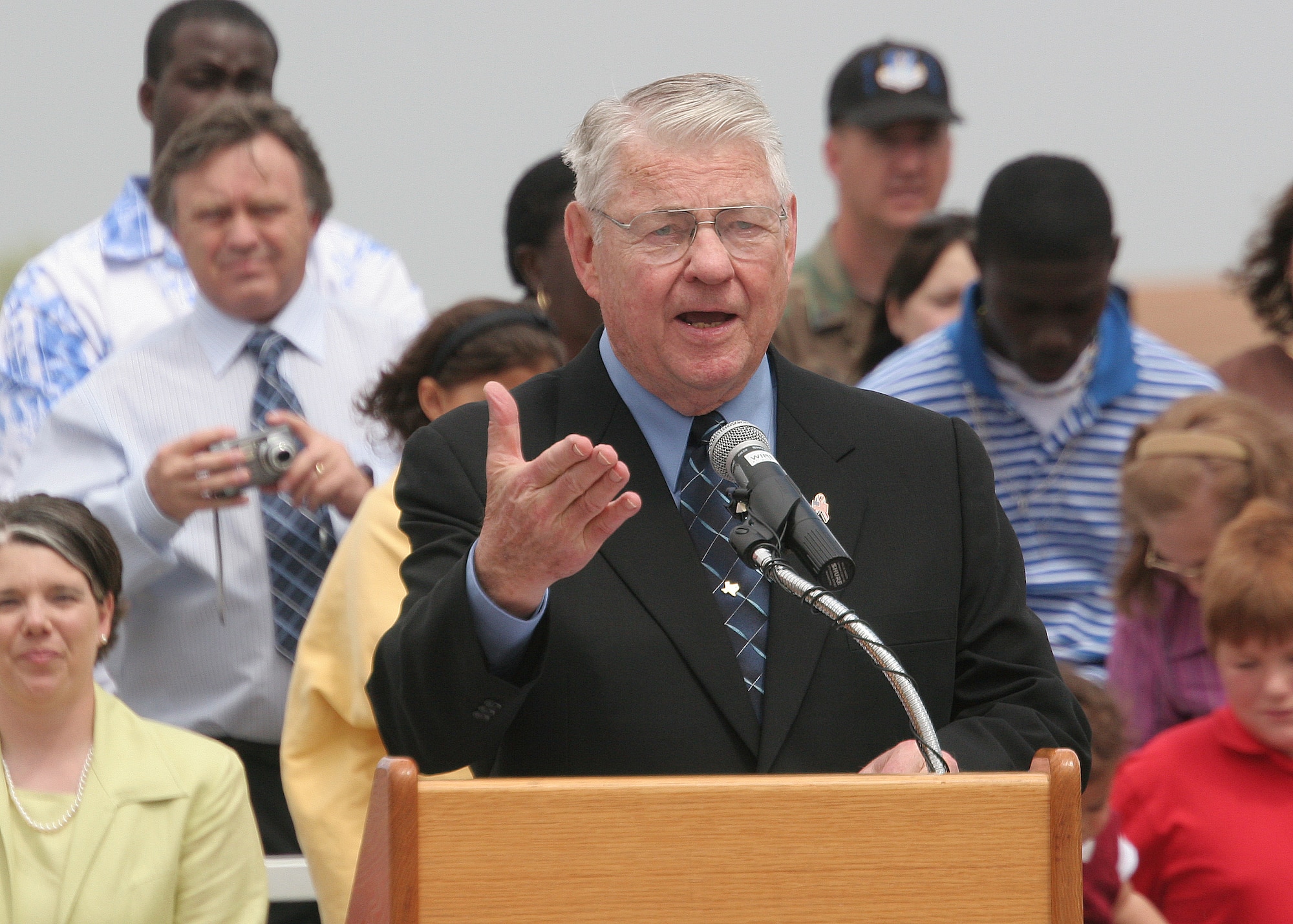 The fifth Chief Master Sergeant of the Air Force, Robert D. Gaylor, addresses a crowd at Lackland Air Force Base, Texas, on Thursday, March 30, 2006.  The Lackland noncommissioned officer academy was renamed the Robert D. Gaylor NCO Academy during a dedication ceremony. (U.S. Air Force photo/Robbin Cresswell)
                        