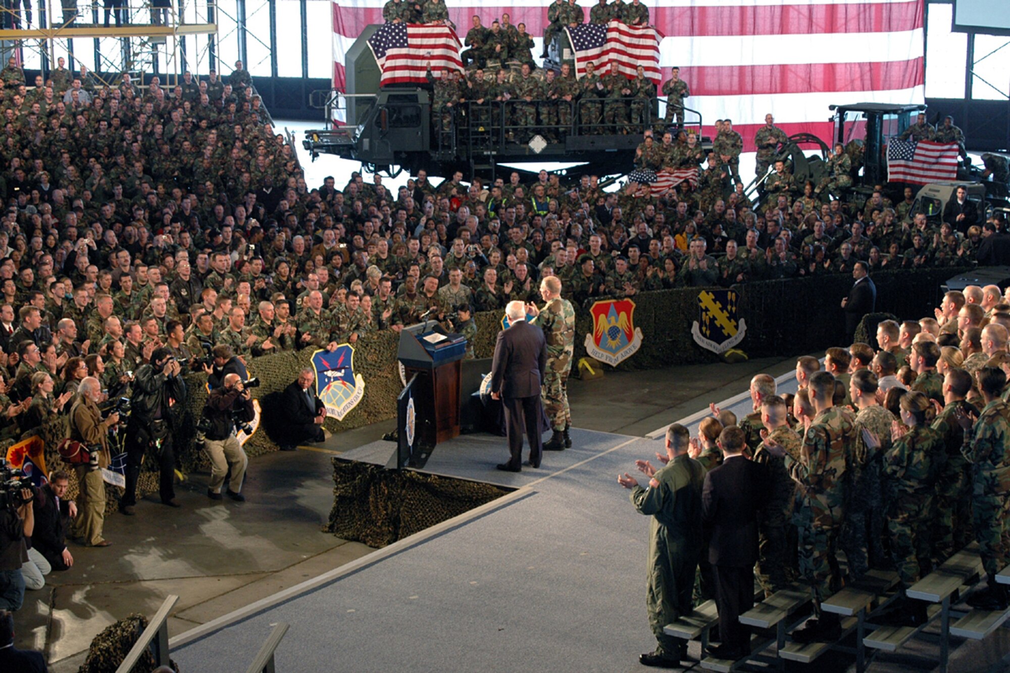 Vice President of the United States, Richard Cheney, rallies the troops during his visit to Scott AFB.  Photo by Marv Lynchard, 375th AW/PA