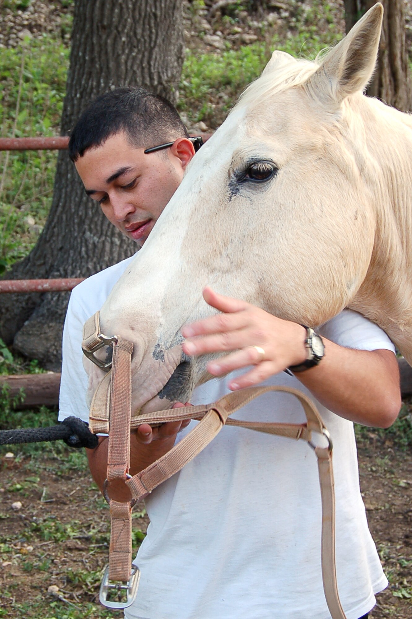Staff Sgt. Jerry Desrochers puts a bridle on a horse at the Heart of the Hills Camp in Hunt, Texas, on Saturday, April 22, 2006. The fuels specialist from the 4th Logistics Readiness Squadron at Seymour Johnson Air Force Base, N.C., attended a retreat with his wife, hosted by the Military, Veteran and Family Assistance Foundation. The retreat helps couples reconnect after the military spouse returns from a deployment. (U.S. Air Force photo/Louis A. Arana-Barradas) 
