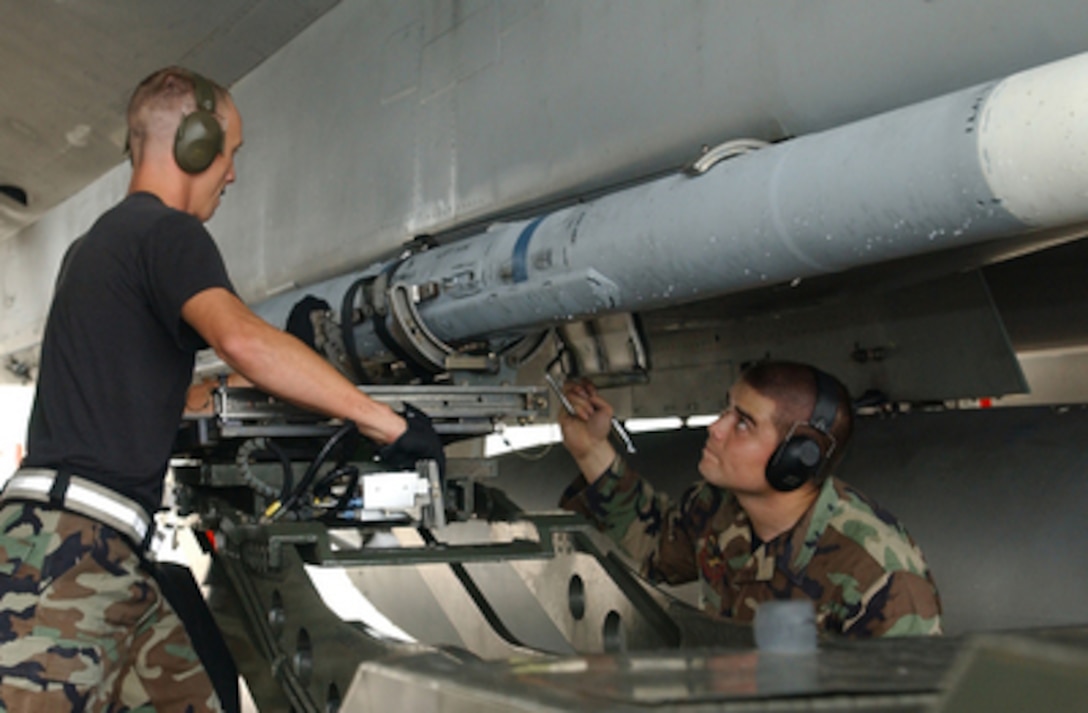 Staff Sgt. William Morrow and Airman 1st Class Damian Swain position a ...