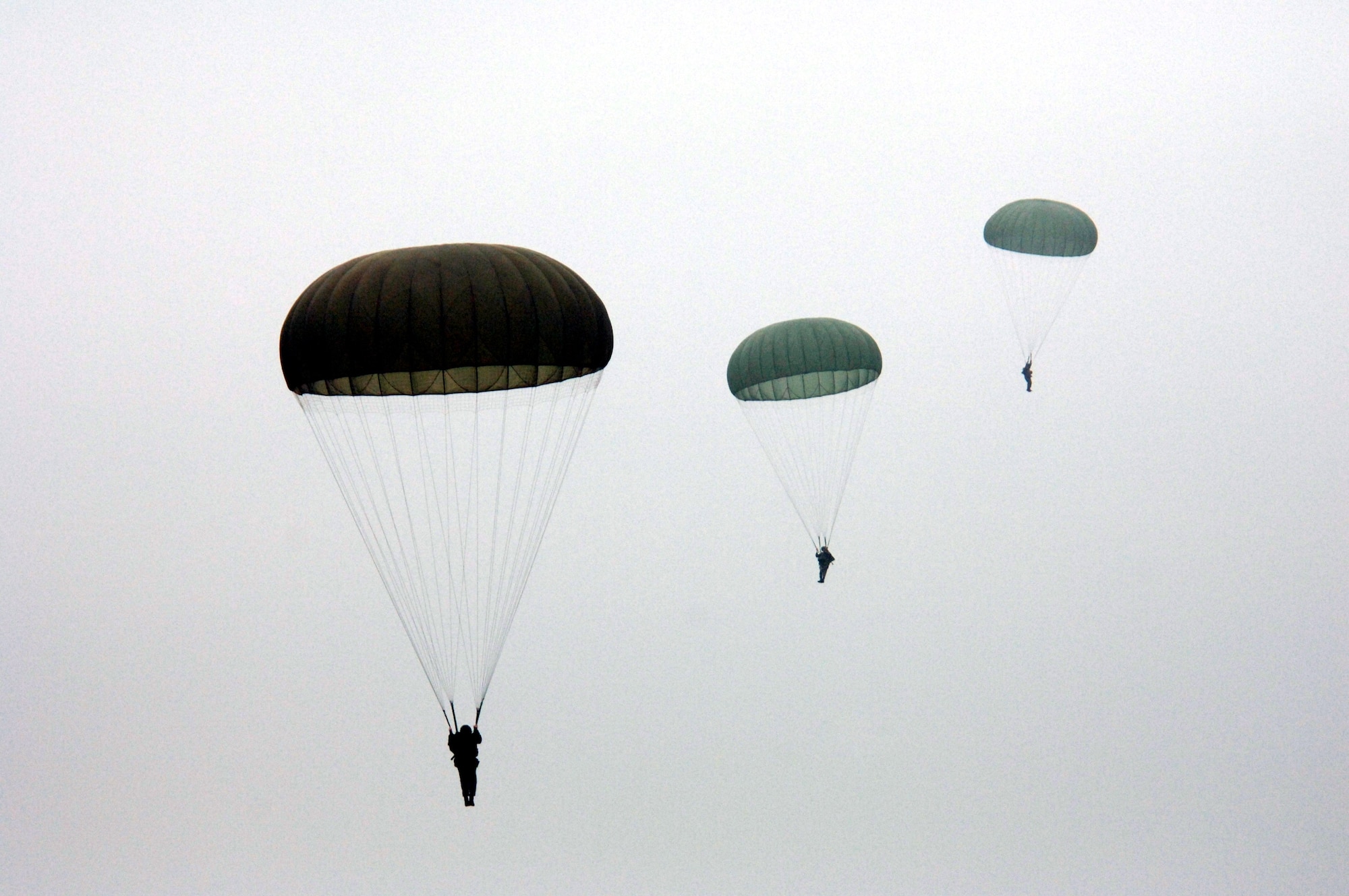 Paratroopers from the United States, Belgium, France, Germany, Italy and the Netherlands land near Alzey, Germany, on Thursday, April 27, 2006. Three days of jumps were scheduled using air transports from the 37th Airlift Squadron at Ramstein Air Base, Germany. (U.S. Air Force photo/Master Sgt. John E. Lasky)