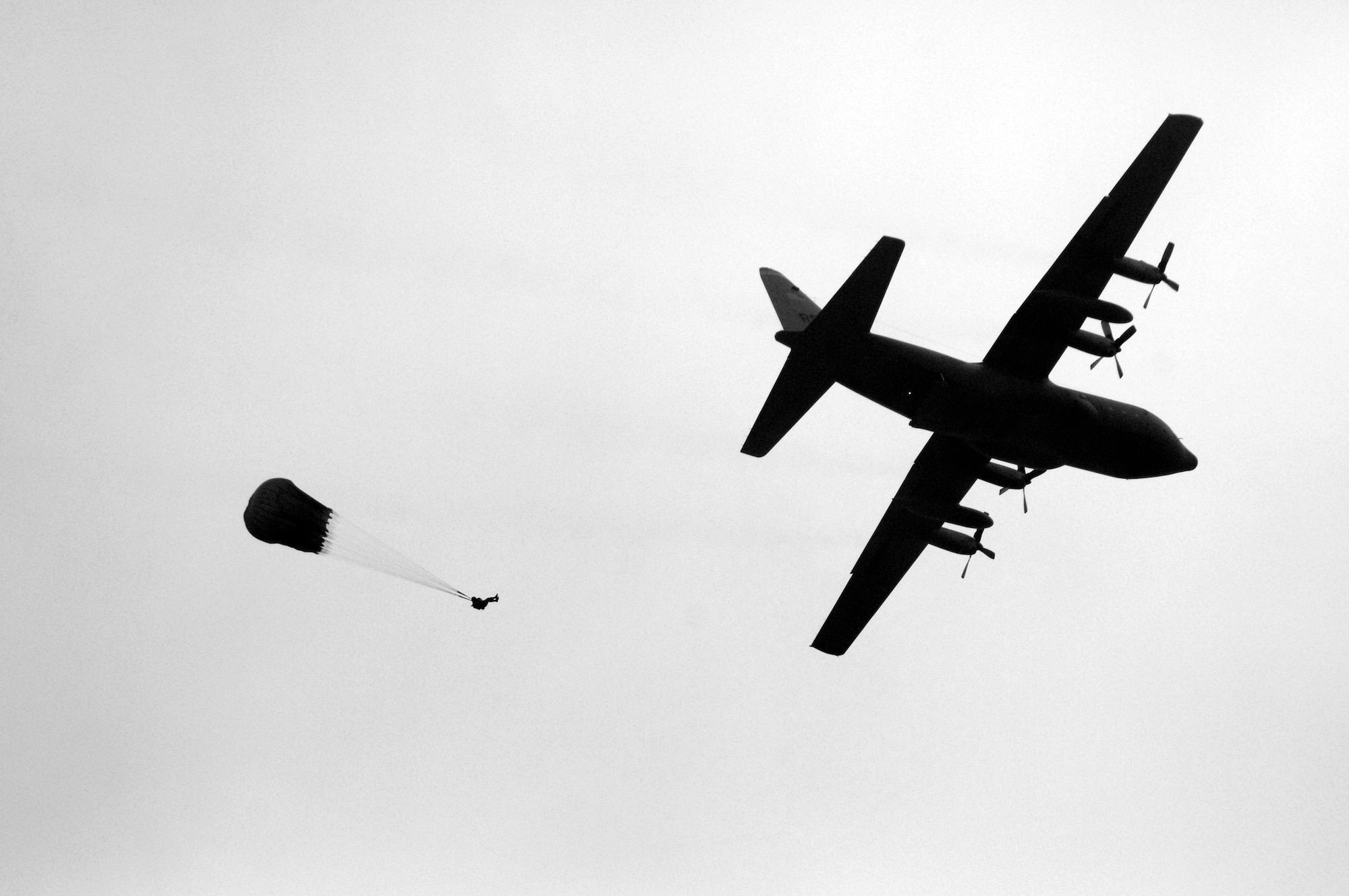 Paratroopers from the United States, Belgium, France, Germany, Italy and the Netherlands jump from a C-130 Hercules near Alzey, Germany, on Thursday, April 27, 2006. Three days of jumps were scheduled using air transports from the 37th Airlift Squadron at Ramstein Air Base, Germany. (U.S. Air Force photo/Master Sgt. John E. Lasky) 