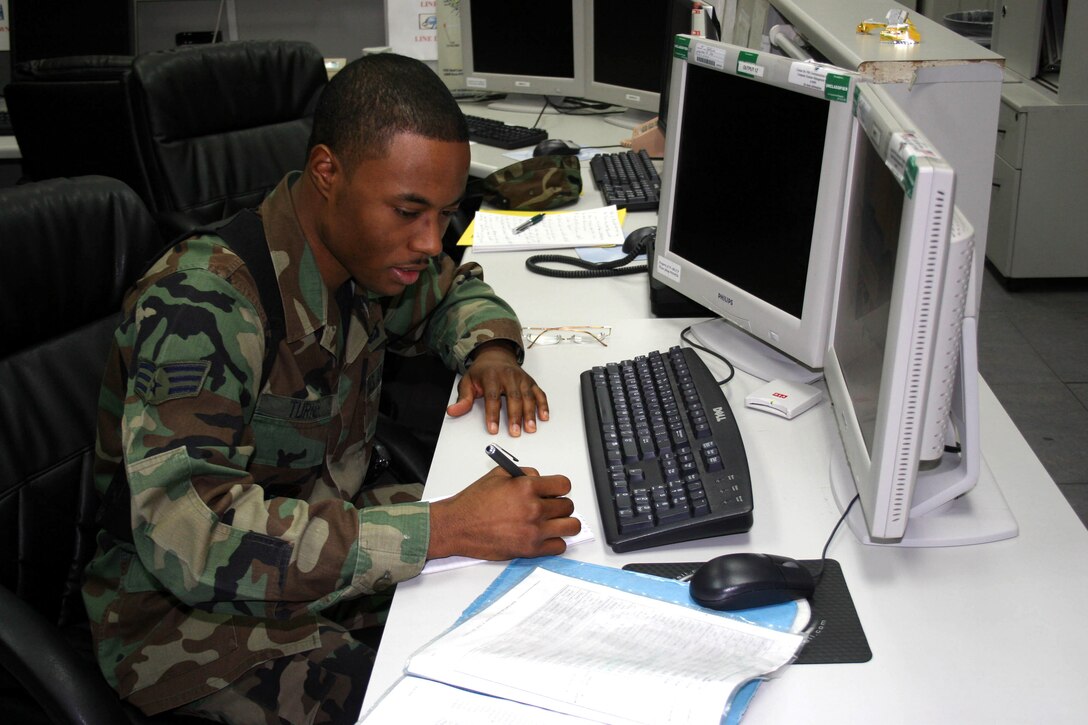 Senior Airman Terrance Turner deciphers an encrypted message at the command post at Incirlik Air Base, Turkey. Like all command post workers, Airman Turner plays an important role in the base mission by passing critical information to base leaders. The Airman is with the 39th Air Base Wing. (U.S. Air Force photo/Staff Sgt. Oshawn Jefferson)