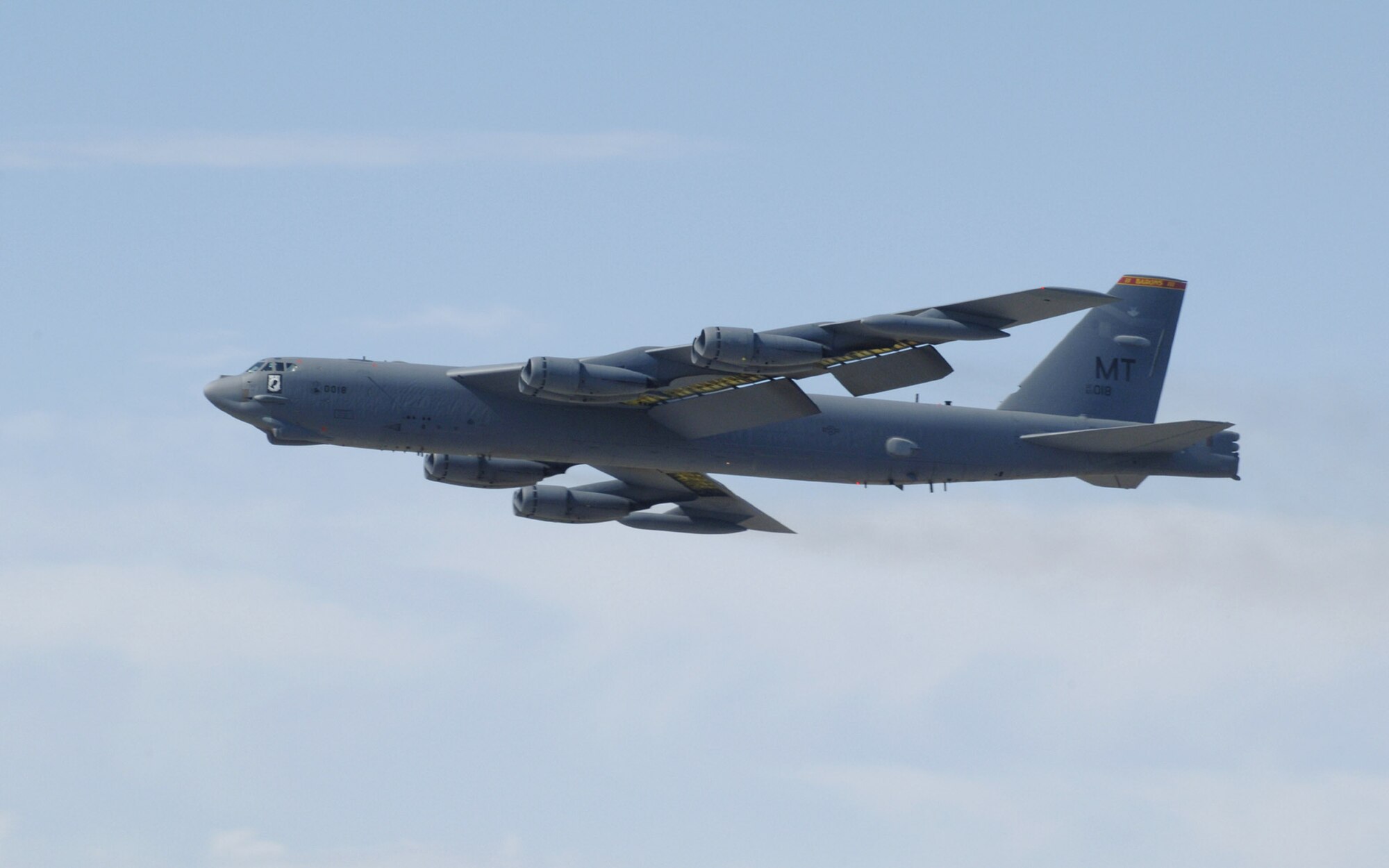 A B-52 Stratofortress is airborne at Minot Air Force Base, N.D., during a nine-ship rapid-launch generation exercise on Thursday, April 27, 2006. Generation exercises test the base's ability to perform its mission. (U.S. Air Force photo/Airman 1st Class Christopher Boitz)
 
