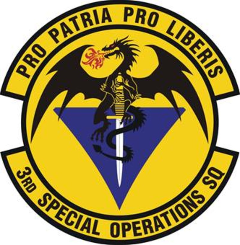 3rd Special Operations Squadron emblem significance: Blue alludes to the sky, the primary theater of Air Force operations. Yellow refers to the sun and the excellence required of Air Force personnel. The black winged dragon signifies protection and guardianship; its red flamed mouth represents strength of weapons. The dagger symbolizes swift and silent mobilization of forces. The blue delta signifies the flight camera lenses used by the unit. 