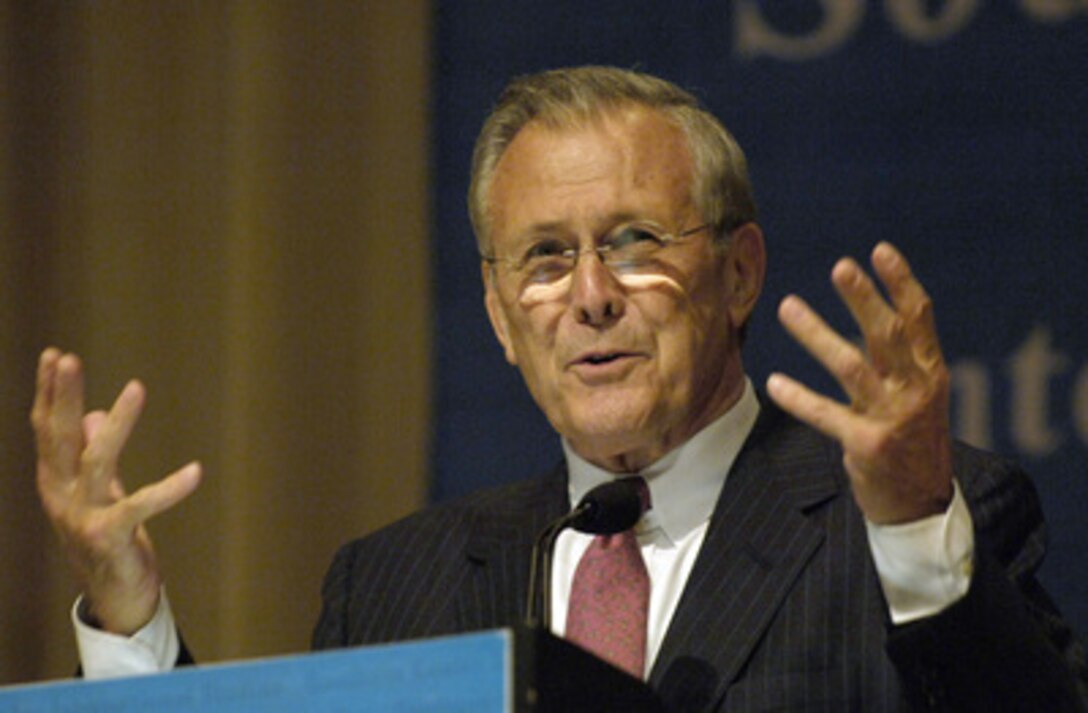 Secretary of Defense Donald H. Rumsfeld addresses an audience of business and political leaders at the Southern Center for International Studies at the Atlanta History Center in Atlanta, Ga., on May 4, 2006. The Center, founded in 1962, is a non-profit educational institution whose primary mission is to internationalize the thinking of the American public. 