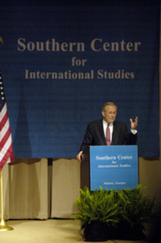 Secretary of Defense Donald H. Rumsfeld addresses an audience of business and political leaders at the Southern Center for International Studies at the Atlanta History Center in Atlanta, Ga., on May 4, 2006. The Center, founded in 1962, is a non-profit educational institution whose primary mission is to internationalize the thinking of the American public. 