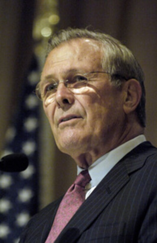 Secretary of Defense Donald H. Rumsfeld addresses an audience of business and political leaders at the Southern Center for International Studies at the Atlanta History Center in Atlanta, Ga., on May 4, 2006. The Center, founded in 1962, is a non-profit educational institution whose primary mission is to internationalize the thinking of the American public. 
