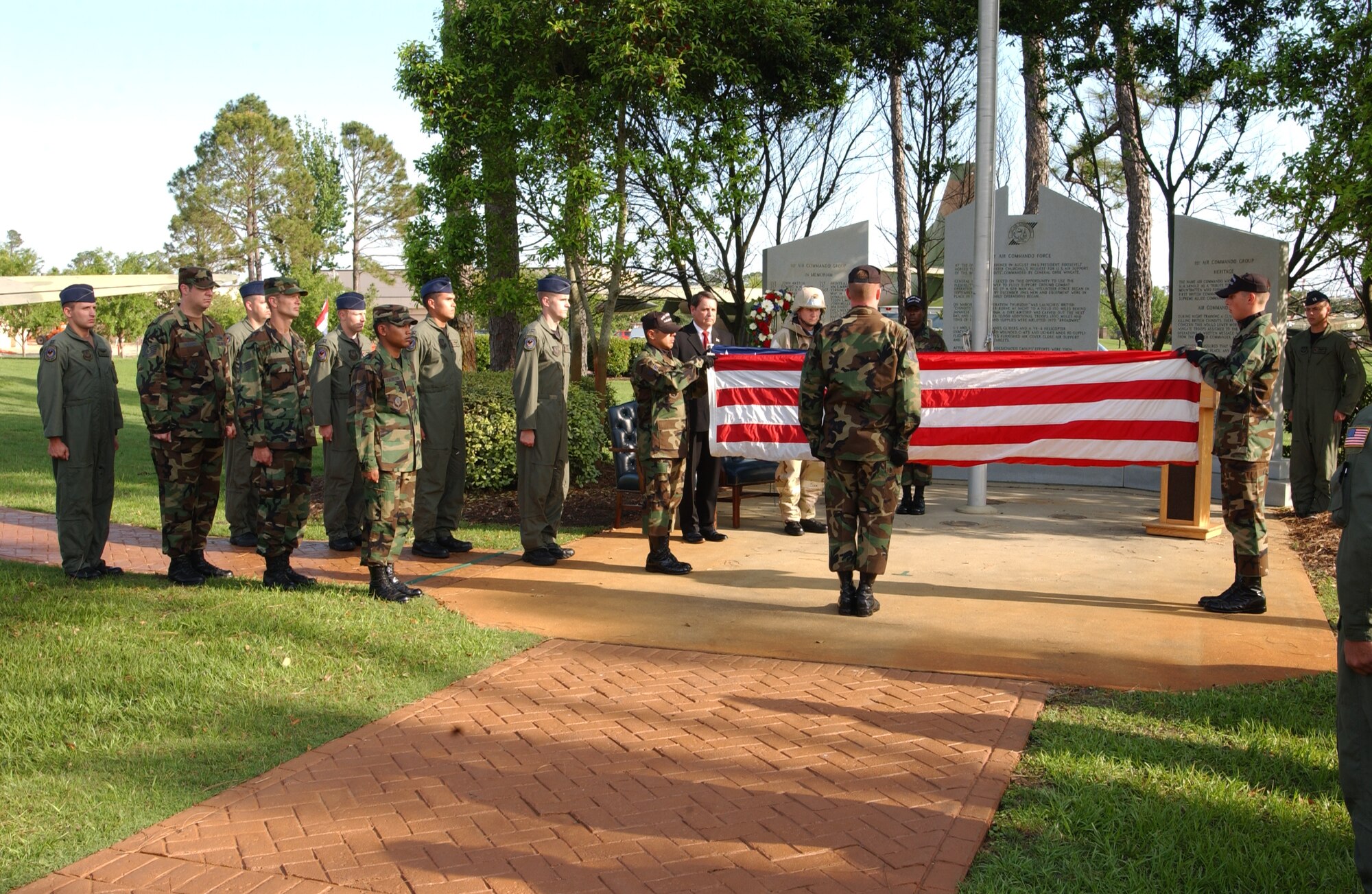 Airmen from the Hurlburt Field Honor guard prepare to retire the colors at a retreat ceremony April 28 in honor of those who lost their lives in Desert One while trying to rescue 52 American hostages in Iran 26 years ago.