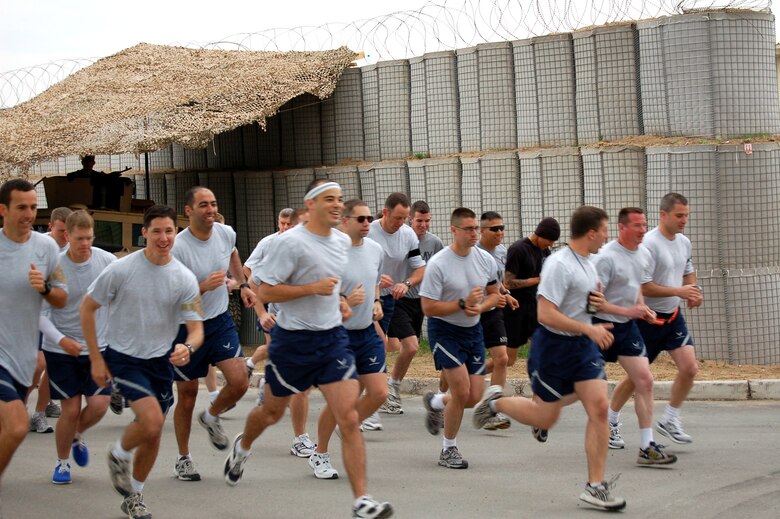 Runners take off on the Bloomsday Away 12K race at Manas Air Base, Kyrgyzstan, on Sunday, May 7, 2006. The Bloomsday race is annual tradition in Spokane, Wash. This year, Airmen brought their own version of the race to Manas. (U.S. Air Force photo/Staff Sgt. Lara Gale)