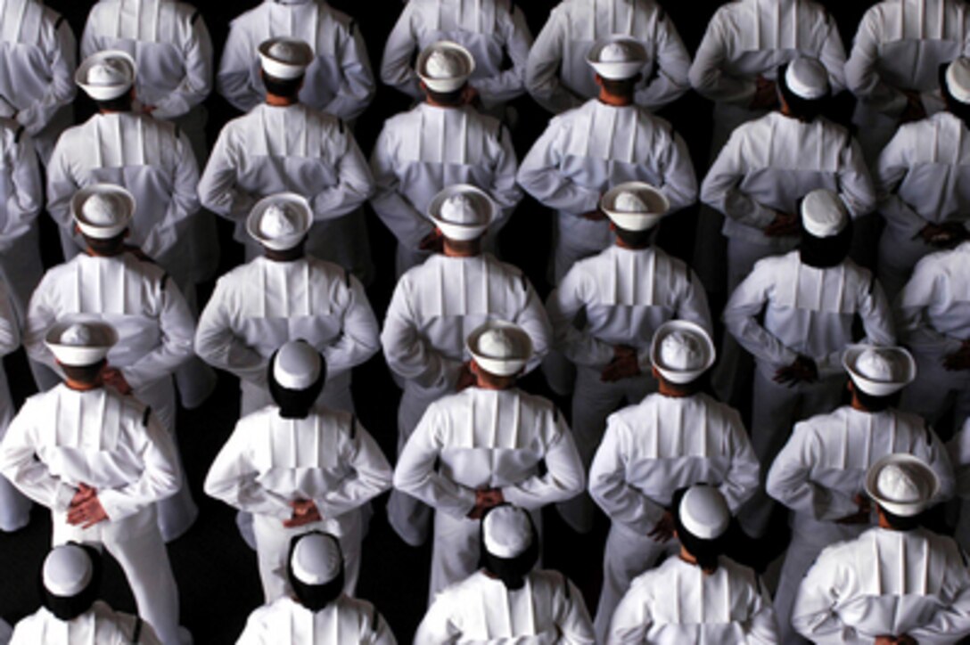 The crew of the aircraft carrier USS John C. Stennis (CVN 74) stand at parade rest during a change of command ceremony on May 5, 2006. 
