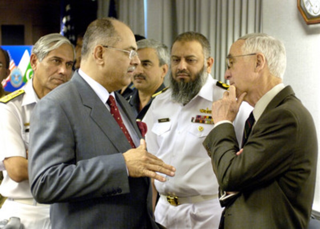 Deputy Secretary of Defense Gordon England (right) meets with Pakistani Minister of Defense Tariq Waseem Ghazi (2nd from left) in the Pentagon on May 5, 2005. Ghazi was accompanied by some of the senior officers of the Pakistani armed services. 