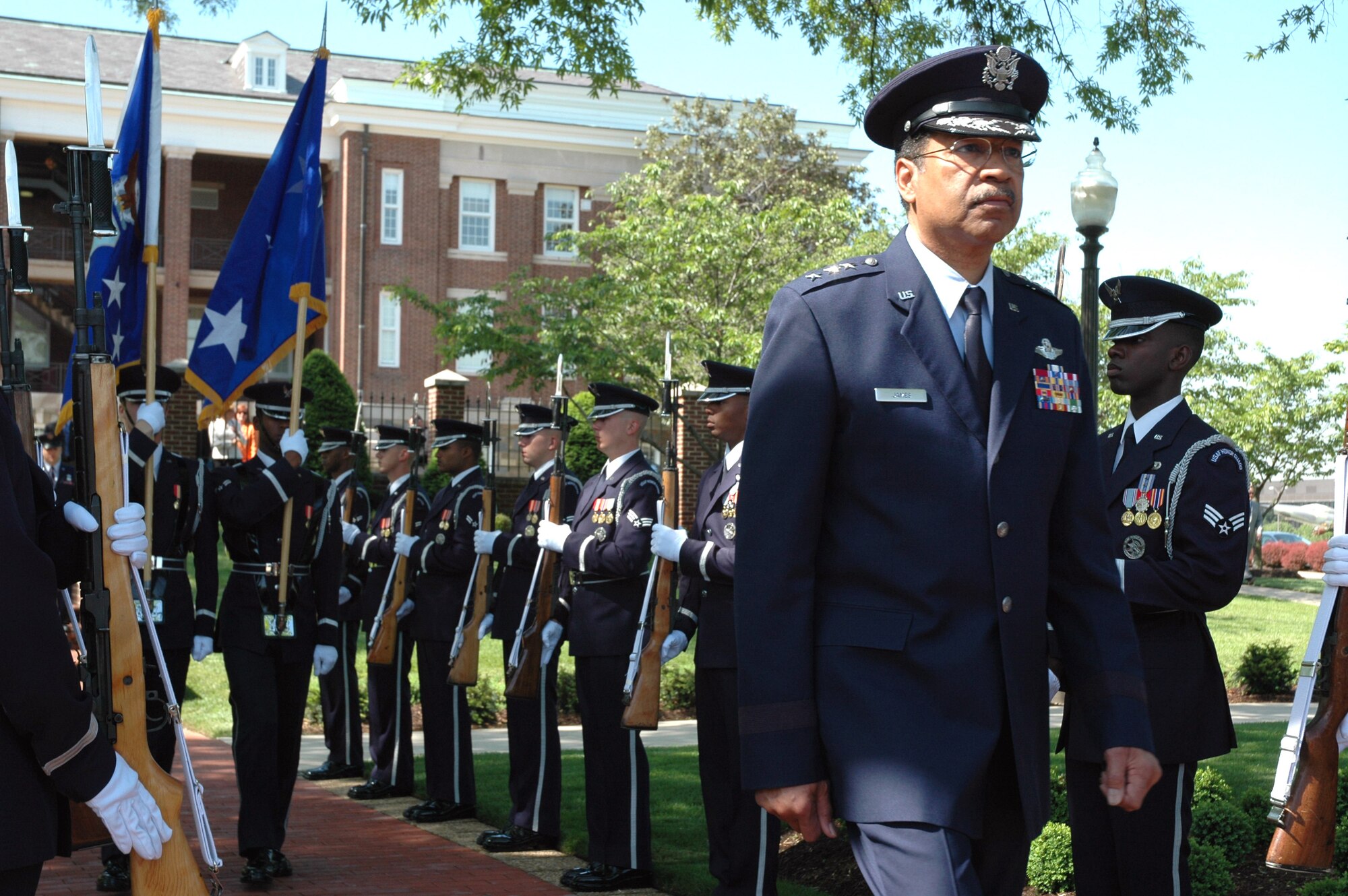 Lt. Gen. Daniel James III, director of the Air National Guard, arrives for his retirement ceremony on the ceremonial lawn at Bolling Air Force Base in Washington, D.C., on Wednesday, May 10, 2006. (National Guard Bureau photo/Sgt. Jim Greenhill)
