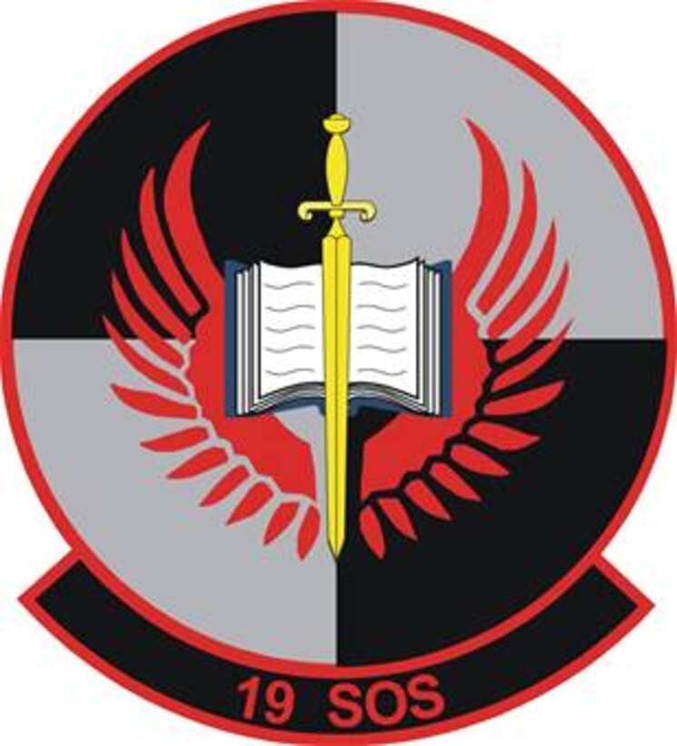 19th Special Operations Squadron emblem significance: Blue represents the sky, the primary theater of Air Force operations. Yellow refers to the sun and the excellence required of Air Force personnel. The divided background stands for dusk and night and represents the unit's primary night-flight work environment. The wing and book symbolize the unit's flying training mission. The sword with its point down reflects peace and identifies the instructors, students, and personnel of the unit as active parts of the command mission.