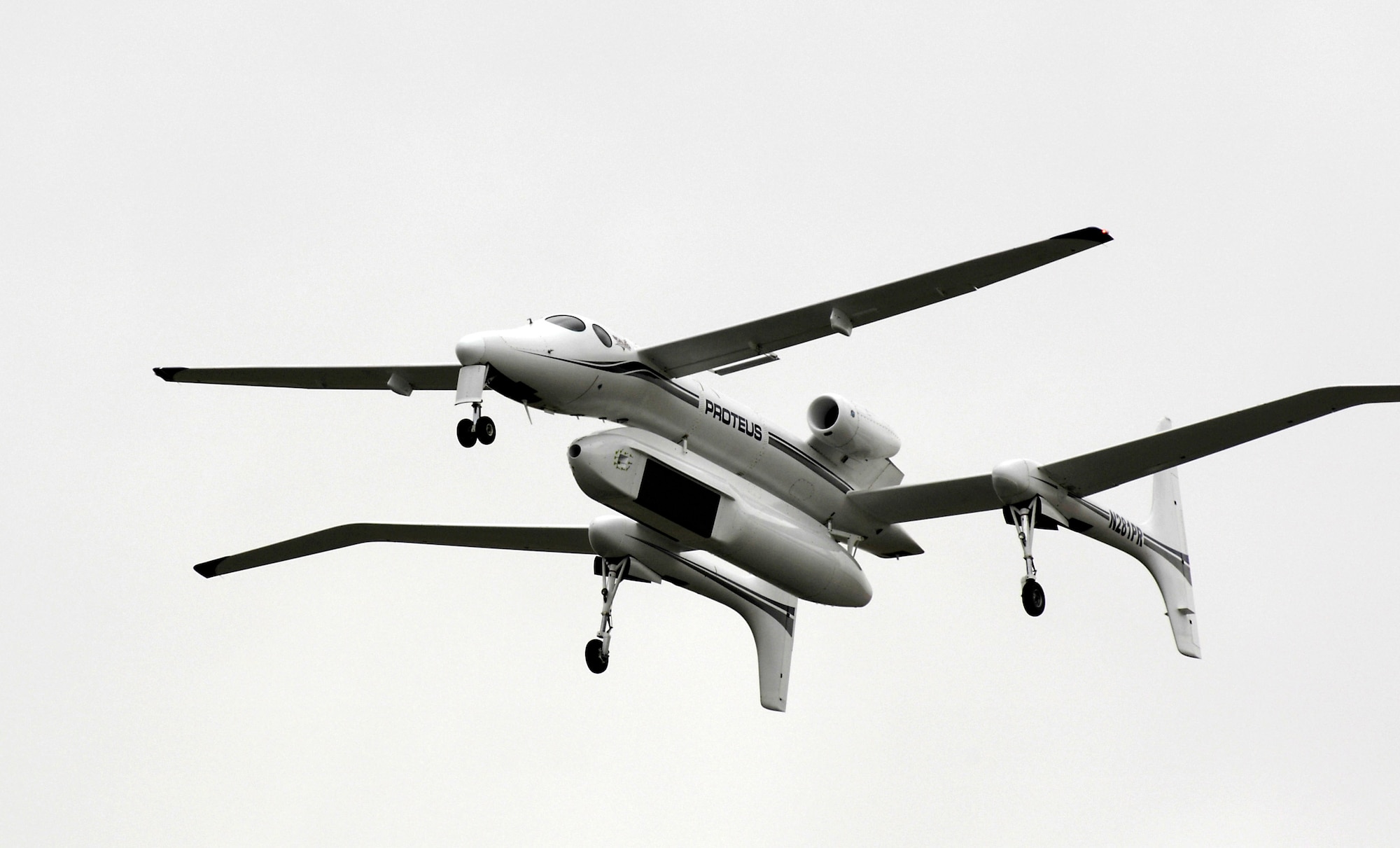 Proteus takes off from Mojave Airfield near Edwards Air Force Base, Calif., on Thursday, April 27, 2006. It carries the pod that eventually will contain the MP-RTIP radar that will be used on the Global Hawk unmanned aerial vehicle. A year of testing will begin in September once the radar is installed on Proteus. (U.S. Air Force photo) 
