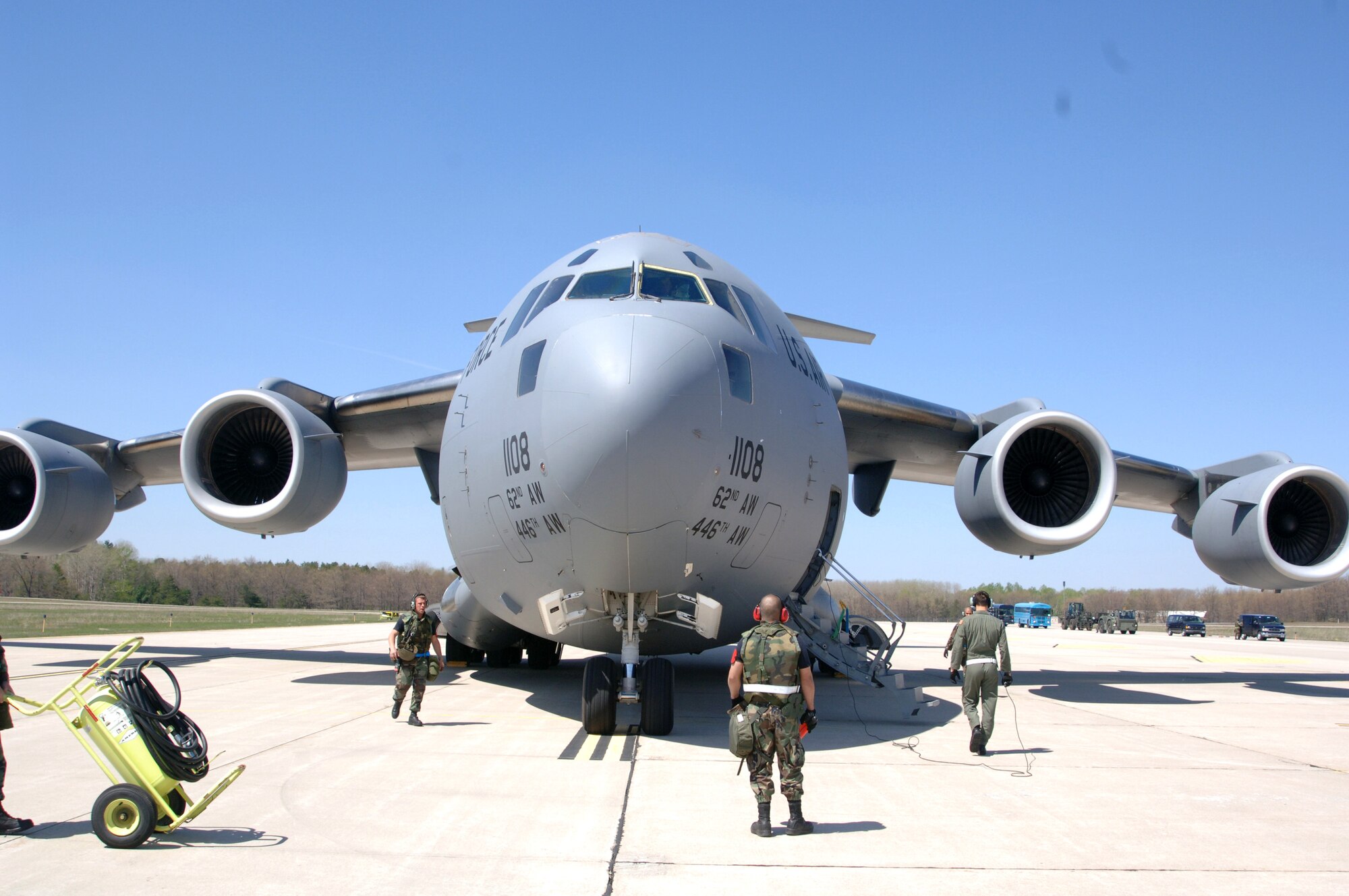 A C-17 Globemaster III from McChord Air Force Base, Wash., sits on the tarmac at Alpena, Mich., during Exercise Thunderbolt on Monday, May 8, 2006. (U.S. Air Force photo/Airman 1st Class Chad M. Kellum)
