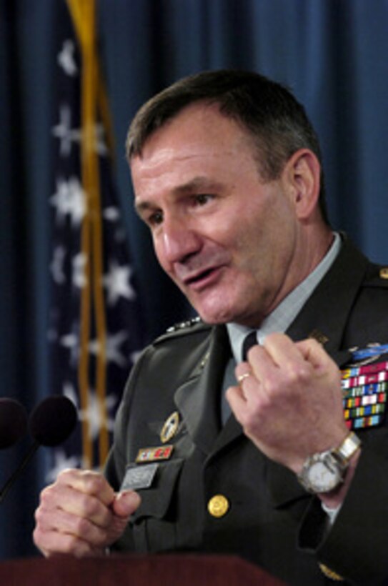 Commander Combined Forces Command - Afghanistan Army Lt. Gen. Karl Eikenberry talks to reporters during a press briefing in the Pentagon on May 10, 2006. Eikenberry provided the press with an update on the ongoing military operations in Afghanistan and the continued global war on terrorism. 