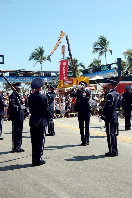 U.S. Air Force Honor Guard Drill Team members perform for the crowd during the 2006 Air and Sea Show in Fort Lauderdale, Fla., May 4 to 7. (U.S. Air Force photo/Staff Sgt. Madelyn Waychoff)