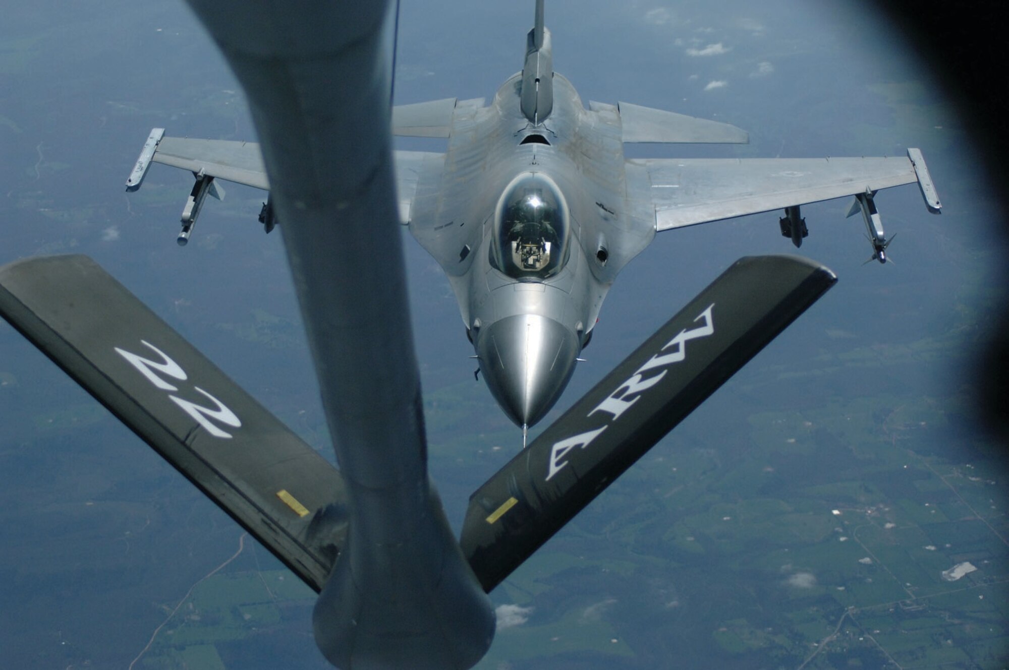 An Arkansas Air National Guard F-16C from the 188th Fighter Wing at Fort Smith, Ark., prepares to receive fuel from a KC-135R Stratotanker. The aircraft was crewed by members of the 931st Air Refueling Group’s 18th Air Refueling Squadron.