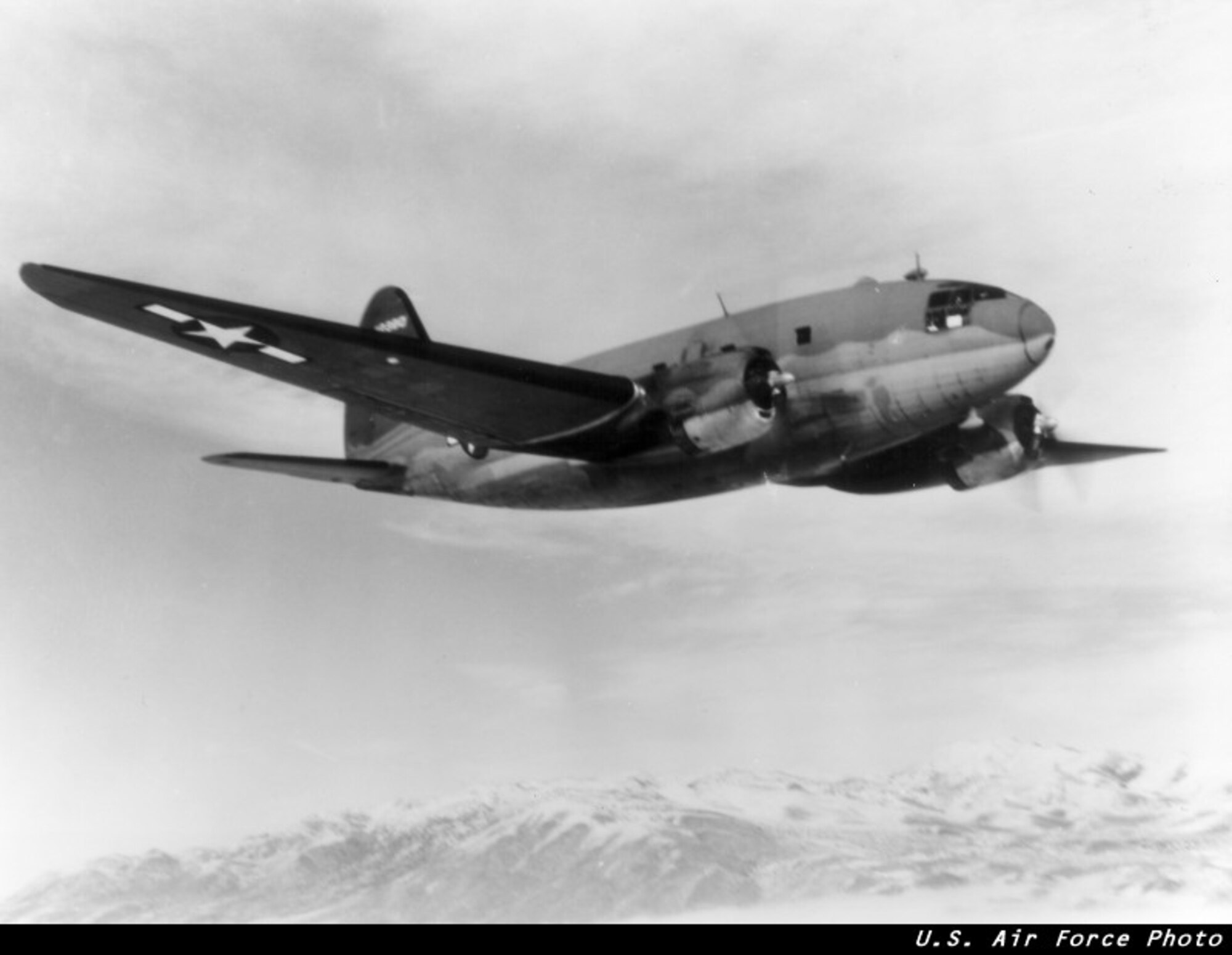 The C-46 Commando gained fame by flying the treacherous Himalayan supply routes during WWII, known as the Hump.  The C-46 was normally operated by a crew of four and could carry 50 troops and transport 15,000 pounds of cargo.  (USAF Historical Photo)