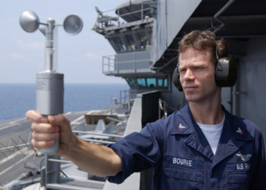 U.S. Navy Petty Officer 3rd Class Arthur Bourke measures wind speed and direction with a handheld anemometer on the island aboard the aircraft carrier USS Dwight D. Eisenhower (CVN 69) on May 8, 2006. The Eisenhower and embarked Carrier Air Wing 7 are participating in a composite training unit exercise. Bourke is a Navy aerographerís mate. 