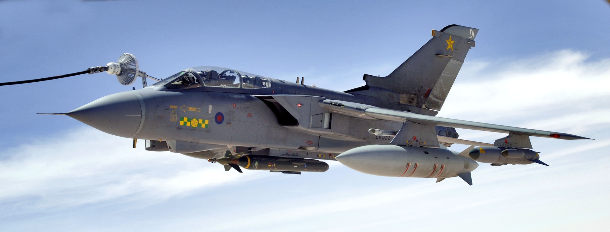 An RAF Tornado GR-4 takes on fuel from a KC-135 Stratotanker on Sunday, May 14, 2006. The Tornado and crew are from the 617th Squadron at RAF Lossiemouth, Scotland. The KC-135 and crew are deployed to the 340th Expeditionary Air Refueling Squadron from the 905th Air Refueling Squadron at Grand Forks Air Force Base, N.D. (U.S. Air Force photo/Master Sgt. Lance Cheung)