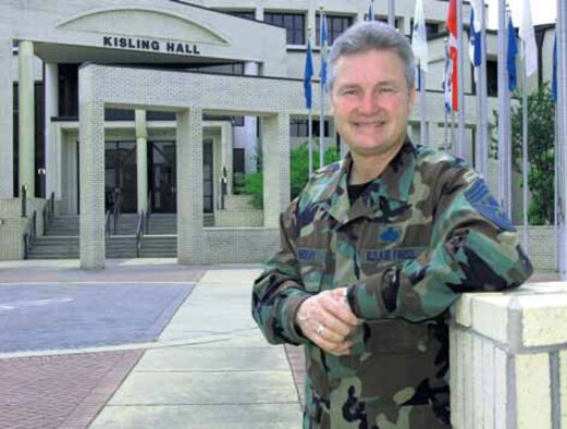 Chief Master Sgt. of the Air Force Gerald Murray stands in front of the Senior NCO Academy?s Kisling Hall at Gunter Annex. Chief Murray is scheduled to retire in October.