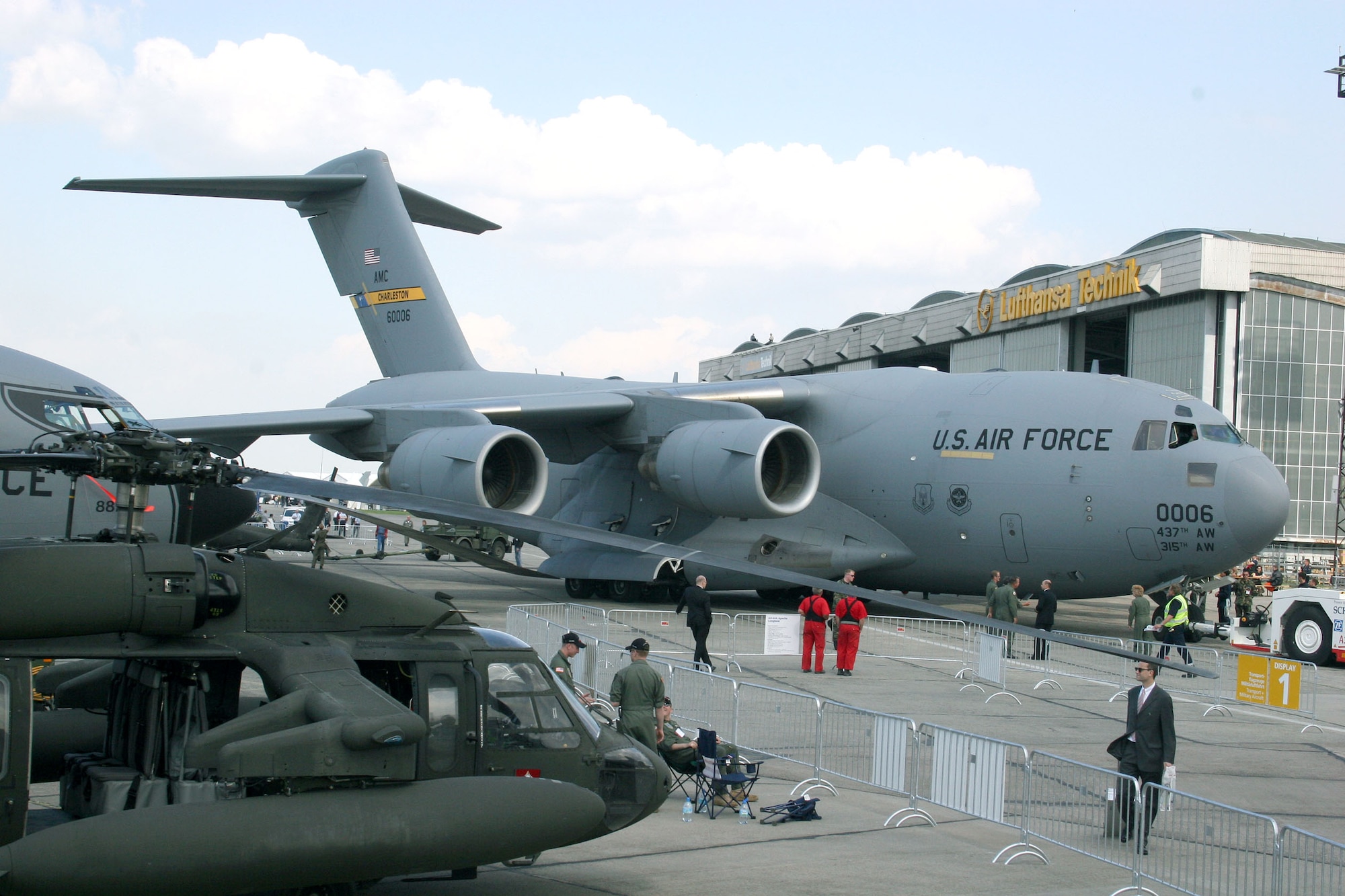 "The Spirit of Berlin," a C-17 Globemaster III from Charleston Air Force Base, S.C., is one of ten U.S. Air Force and Army aircraft on display at the Berlin Air Show May 16-21, 2006, at the Berlin-Schoenefeld Airport.  A highlight of the air show was a special flight demonstration by the C-17.  (U.S. Air Force photo/Maj. Pamela A.Q. Cook)
