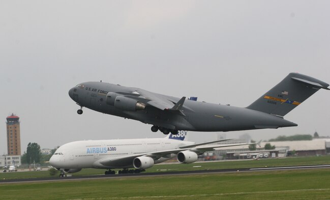 The "The Spirit of Berlin," a C-17 Globemaster III from Charleston Air Force Base, S.C., takes off for a flight demonstration at the Berlin Air Show on May 16, 2006.  The C-17 and other Air Force and Army aircraft are on display at the air show at Berlin-Schoenefeld Airport May 16-21.  (U.S. Air Force photo/Maj. Pamela A.Q. Cook)
