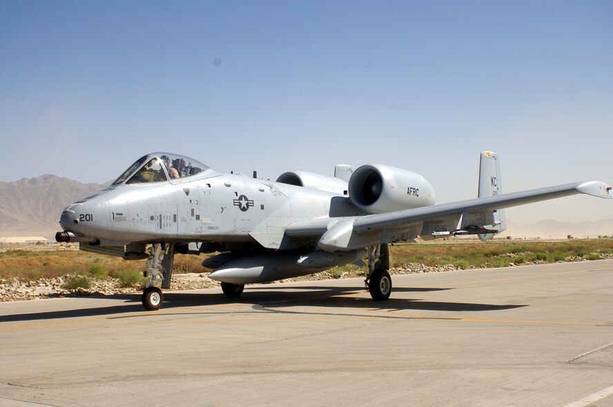 BAGRAM AIRFIELD, Afghanistan -- An A-10 Thunderbolt II, flown by pilot, Maj. Mark Ernewein, from the 442nd Fighter Wing, an Air Force Reserve unit from Whiteman Air Force Base, Mo., arrives at its deployed location with the 455th Air Expeditionary Wing here May 13.  Pilots and maintainers from the 442nd FW and the 52nd Fighter Wing, from Spangdahlem Air Base, Germany, will conduct close air support and other air to ground operations in support of Operation Enduring Freedom in Afghanistan.  The A-10 carries a 30 mm gun and up to 16,000 pounds of bombs and missiles.  Its primary role is to support Army Soldiers and other forces operating on the ground.  (U.S. Air Force photo/Maj. David Kurle, 455 AEW/PA) 
