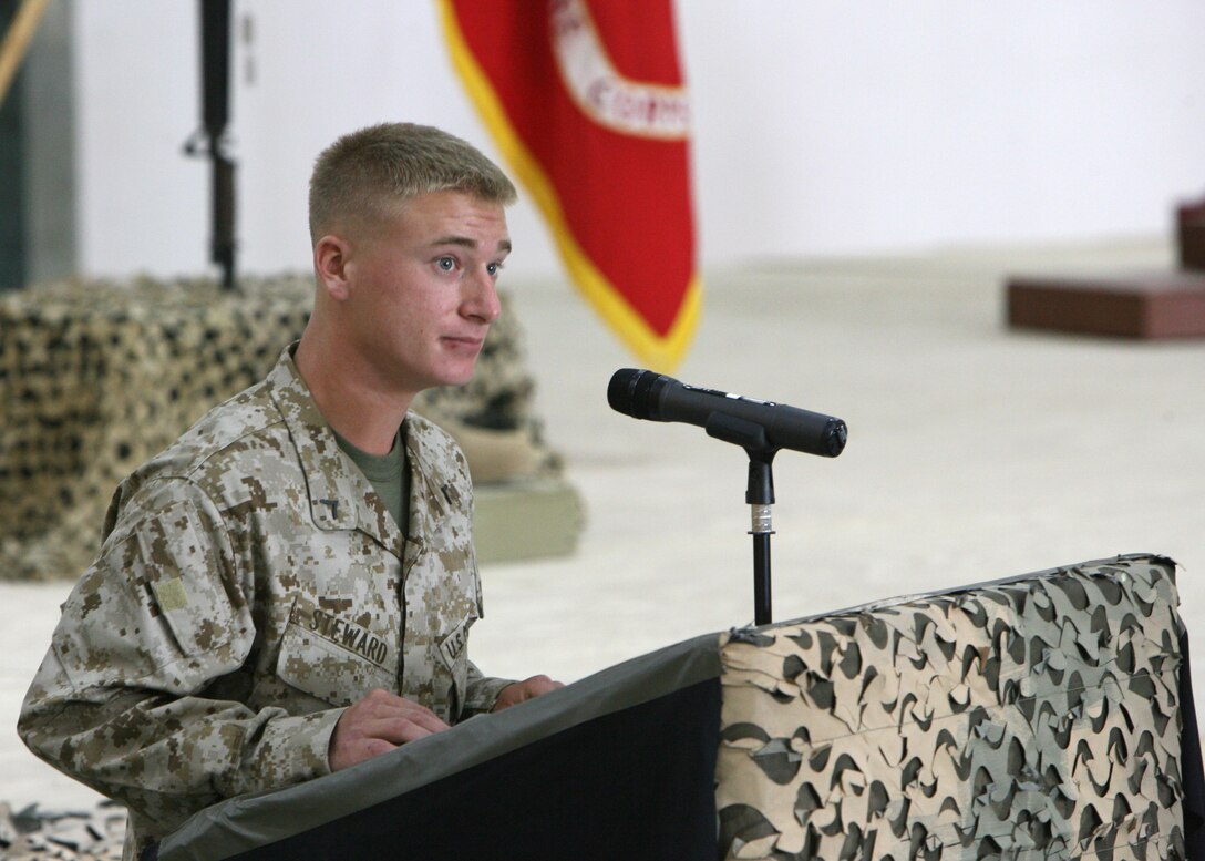 Private First Class Nicholas B. Steward speaks fondly of his friend Lance Cpl. Leon B. Deraps, a combat engineer with Combat Logistics Battalion 5, who was killed by an improvised explosive device on May 6, 2006 while providing engineering support in the Al Anbar Province. Deraps, a native of Jamestown, Mo., was considered a kind-hearted and caring friend, one who put everyone ahead of himself. His awards include the Purple Heat, National Defense Service Medal, the Global War on Terrorism Service Medal, and the Iraqi Campaign Medal.