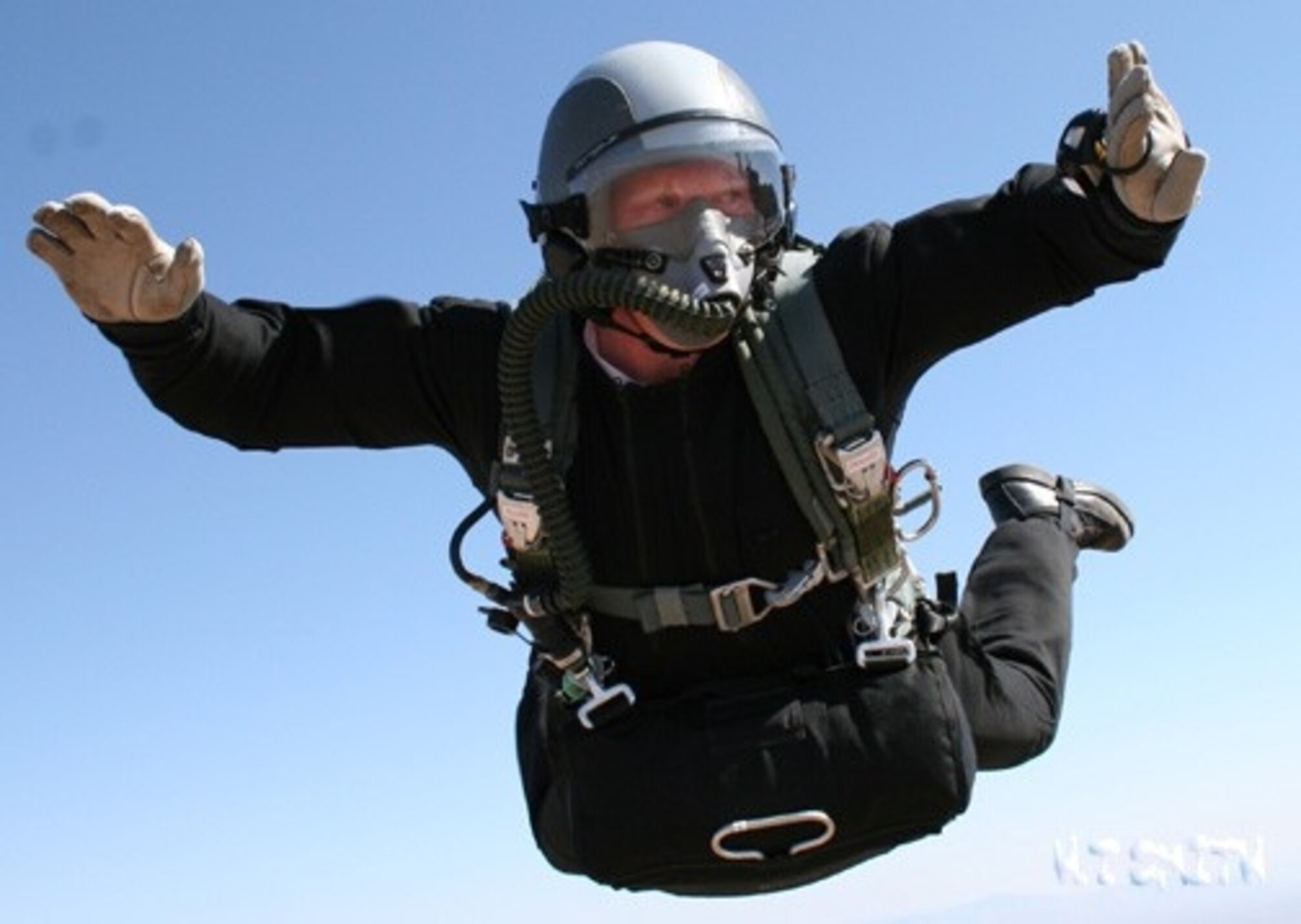 Staff Sgt. Scott Lawrence freefalls before deploying his parachute during recent practice jumps. The 418th Flight Test Squadron’s Test Parachutist program performs more than 150 jumps per year. (Air Force photos by Staff. Sgt. Howard Smith)
