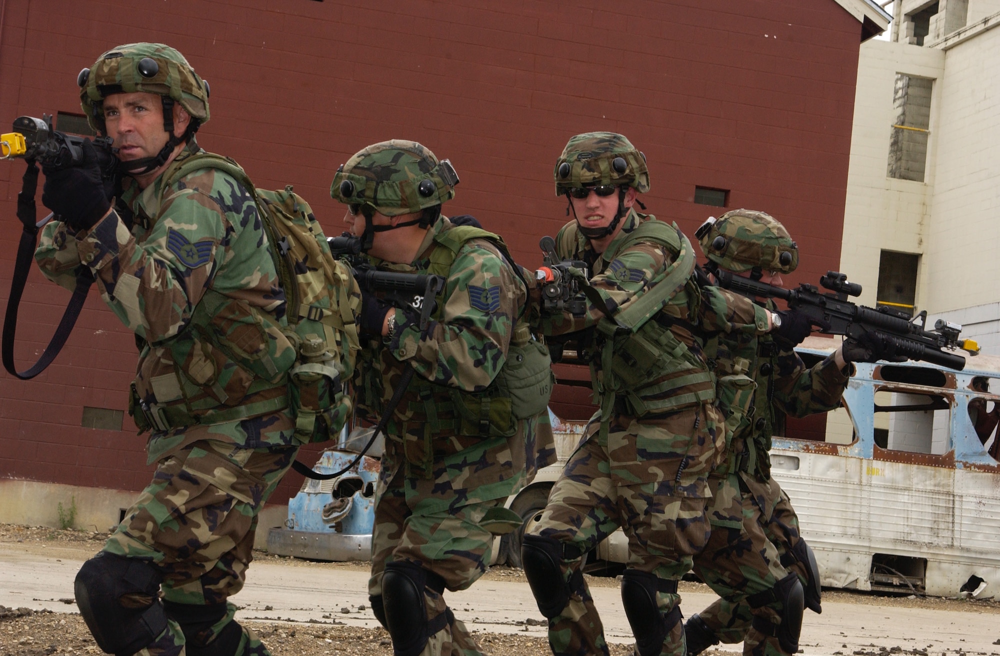 Reserve security forces students practice tactical movements at the St. Elijah MOUT facility, Fort Hood, Texas, during the Patriot Defender exercise April 30 to May 13. (U.S. Air Force photo/2nd Lt. Dustin Doyle)                             