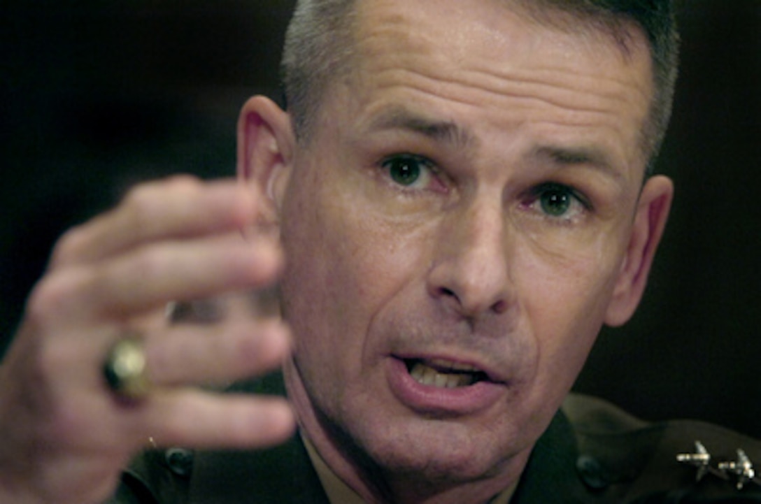 Chairman of the Joint Chiefs of Staff Gen. Peter Pace, U.S. Marine Corps, responds to a senator's question during his testimony before the Senate Appropriations Committee at the Dirksen Senate Office Building in Washington, D.C., on May 17, 2006. Secretary of Defense Donald H. Rumsfeld joined Pace in his testimony before the committee on the 2007 Department of Defense budget submission. 