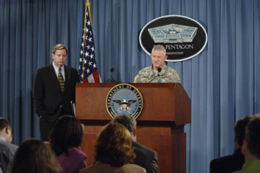 Army National Guard Director Lt. Gen. Clyde A. Vaughn (right) and Assistant Secretary of Defense for Homeland Defense Paul McHale (left) brief reporters in the Pentagon on the involvement of the military in border security operations on May 18, 2006. 