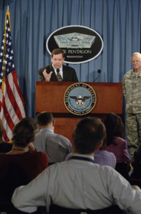 Assistant Secretary of Defense for Homeland Defense Paul McHale (left) and Army National Guard Director Lt. Gen. Clyde A. Vaughn (right) brief reporters in the Pentagon on the involvement of the military in border security operations on May 18, 2006. 