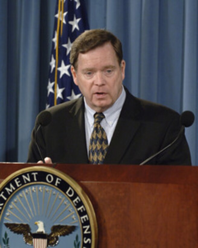 Assistant Secretary of Defense for Homeland Defense Paul McHale accompanied by Army National Guard Director Lt. Gen. Clyde A. Vaughn brief reporters in the Pentagon on the involvement of the military in border security operations on May 18, 2006. 