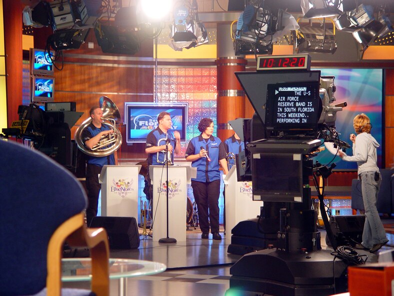 Members of the BlueNotes ensemble of the Band of the Air Force Reserve prepare to perform live on WTVJ-6 NBC’s morning show on May 18.  The Band visited Homestead Air Reserve Base from May 18-20 to thank the local community for their continued support of the Air Force Reserve (Air Force photo by Lisa Macias).