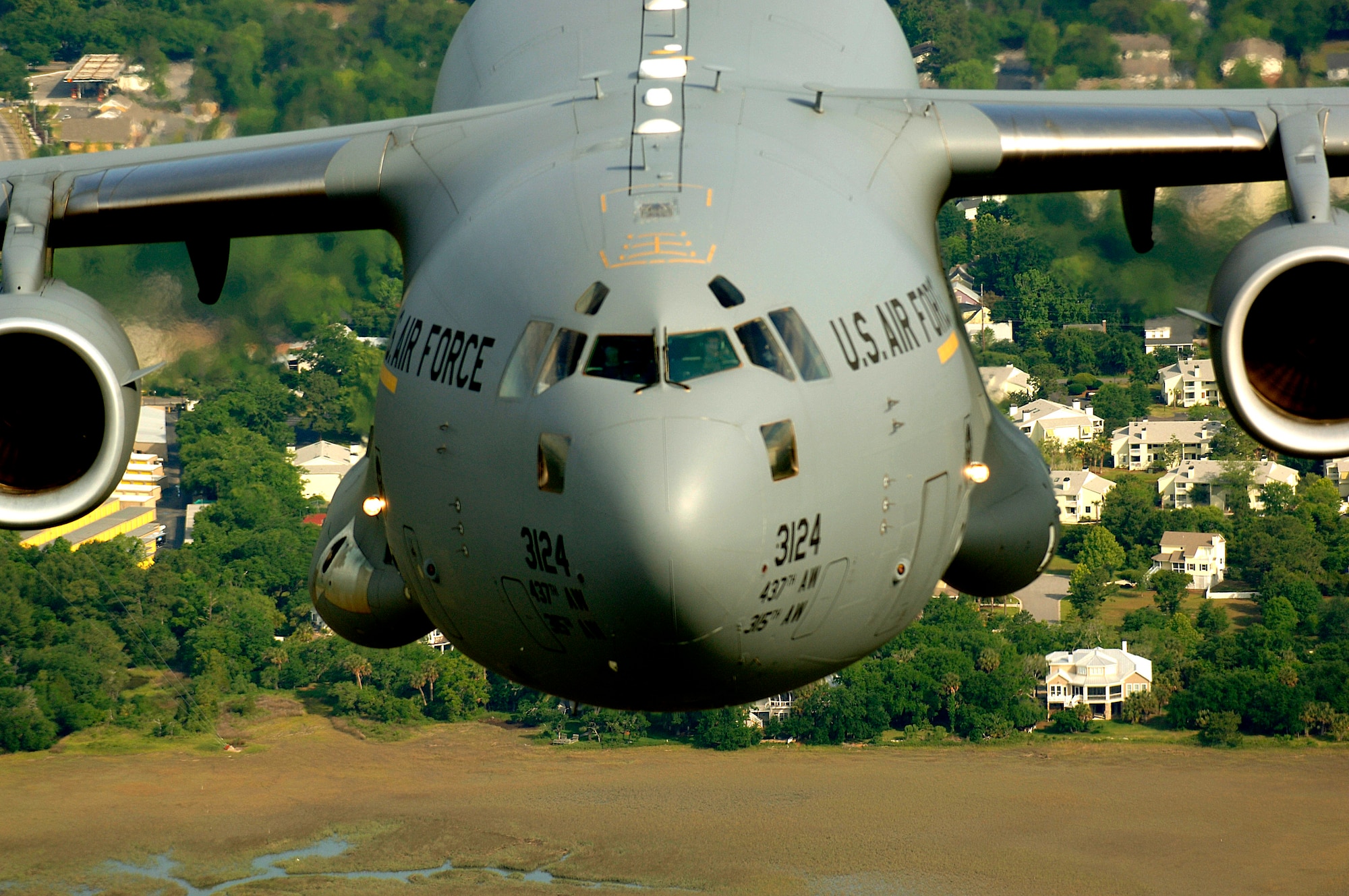 A C-17 Globemaster III from the 14th Airlift Squadron, Charleston Air Force Base, S.C., flies low over the Charleston, S.C., area during a training mission on Tuesday, May 16, 2006. (U.S. Air Force photo/Tech. Sgt. Russell E. Cooley IV)
