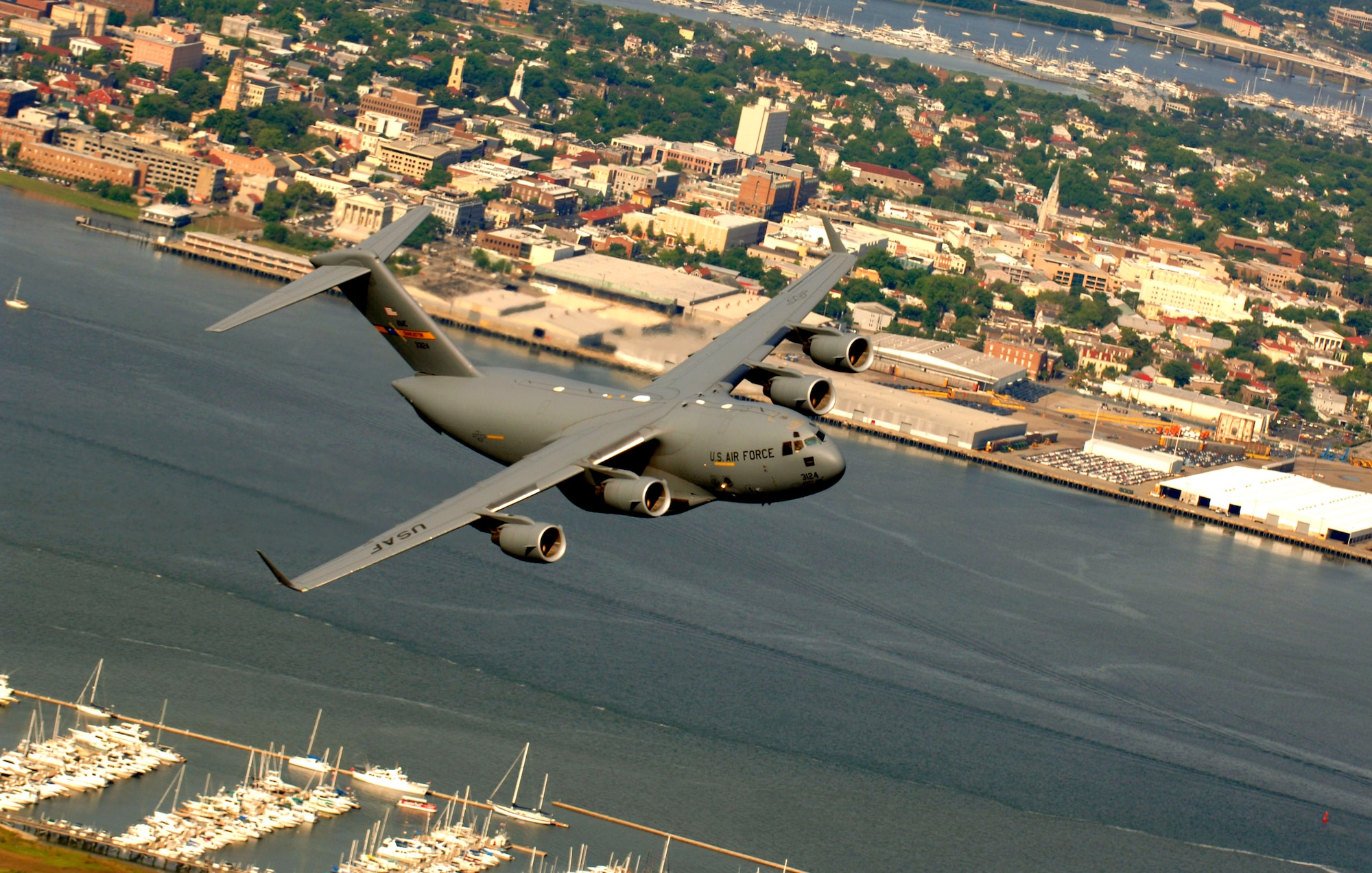 A C-17 Globemaster III from the 14th Airlift Squadron, Charleston Air Force Base, S.C., flies over downtown Charleston, S.C., during a training mission on Tuesday, May 16, 2006. (U.S. Air Force photo/Tech. Sg.t Russell E. Cooley IV)