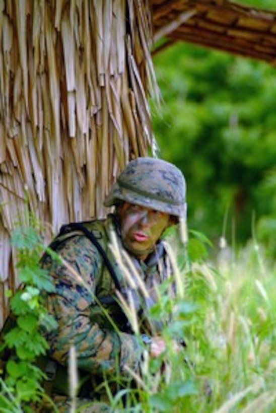 A U.S. Marine from the 31st Marine Expeditionary Unit evaluates his surroundings as he participates in an Exercise Cobra Gold 2006 antiterrorism scenario with Royal Thai marines in Hat Yao, Thailand, on May 19, 2006. The exercise is a combined annual joint training exercise involving the United States, Thailand, Japan, Singapore, and Indonesia. 