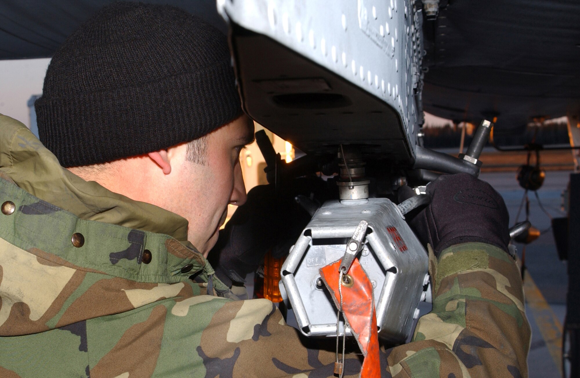 EIELSON AIR FORCE BASE, Alaska - Staff Sergeant Johnny Rodriquez, Weapons loader with the 75th Aircraft Maintenance Unit, Pope Air Force Base, performs a weapons checks on the 75th Fighter Squadron's A-10 Thunderbolt II as part of  Red Flag - Alaska taking place here until May 5th.  The exercise focuses on joint offensive counter air interdiction, close air support, and large force employment training.  (US Air Force Photo by TSgt Julie Avey)                                                                                                                      