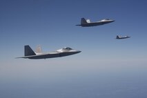 ELMENDORF AIR FORCE BASE, Alaska - F-22s from the 1st Fighter Wing stationed at Langley AFB, Va. fly to Elmendorf AFB Alaska on 23 May 2006.  The 7.5 hour transit was the longest continuous deployment of F-22s as 12 Raptors will participate in Exercise Northern Edge which is slated in June as a joint exercise under the control of Pacific Command. (Photo by Paul Weatherman)