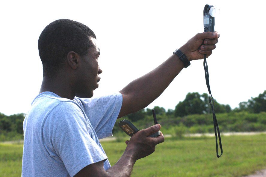Staff Sgt. Harold Warr II, special tactics rigger and drop zone controller for personnel from the 320th Special Tactics Squadron, gathers wind and clearance data from the drop zone in U-Taphao, Thailand.  As the DZ controller, Sergeant Warr communicates winds and clearance data from the DZ back to the pilot and jumpmaster aboard the 353rd Special Operations Group MC-130 pilot.   The 320th STS members were participating in Cobra Gold 2006 at U-Taphao, Thailand.