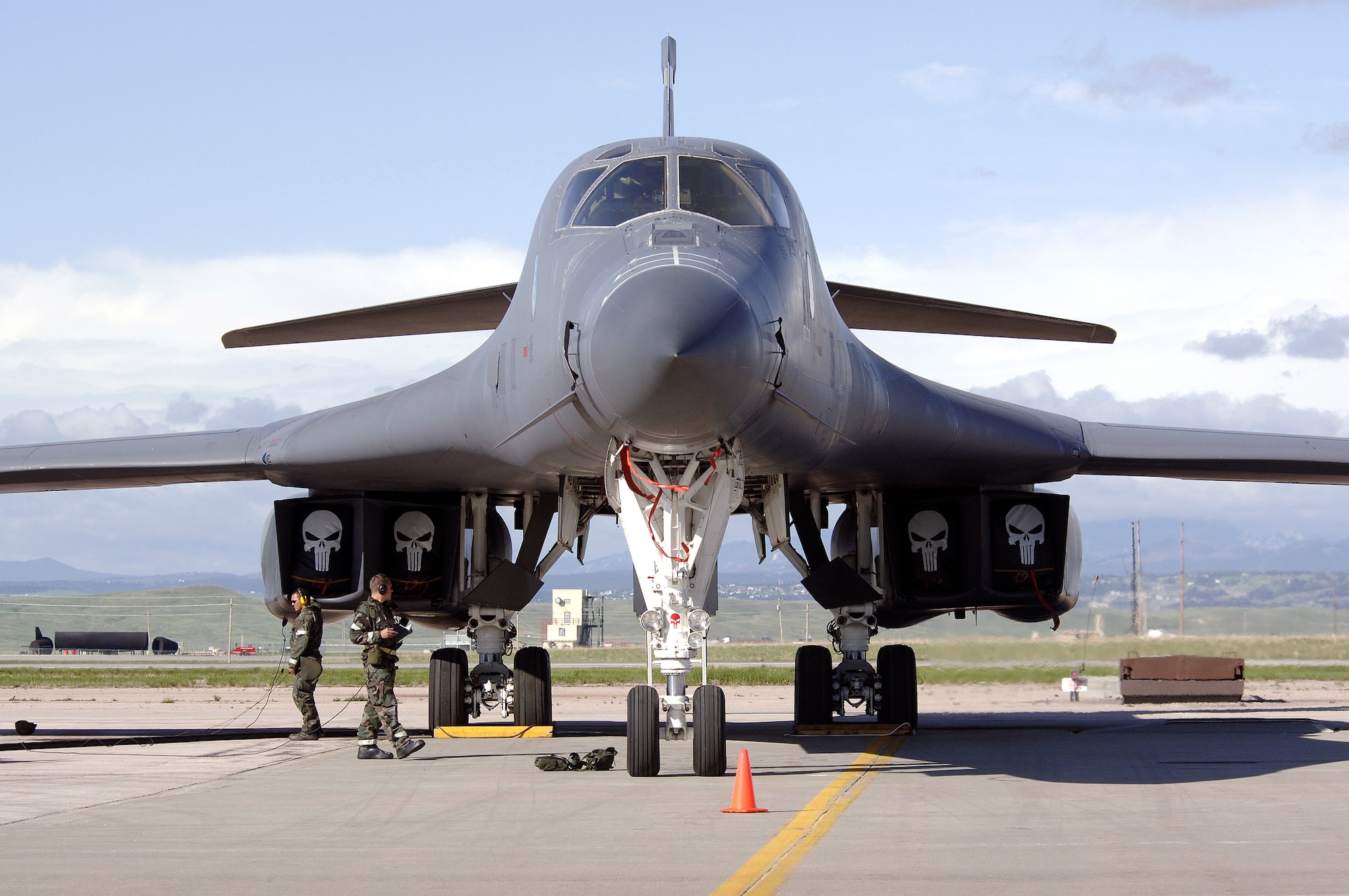 A B-1 Lancer awaits a pre-flight inspection at Ellsworth Air Force Base, S.D., on Tuesday, May 23, 2006. The base is undergoing an exercise named Badlands Express 06-03 in preparation for an operational readiness inspection in July.   (U.S. Air Force photo/Senior Airman Michael B. Keller) 
