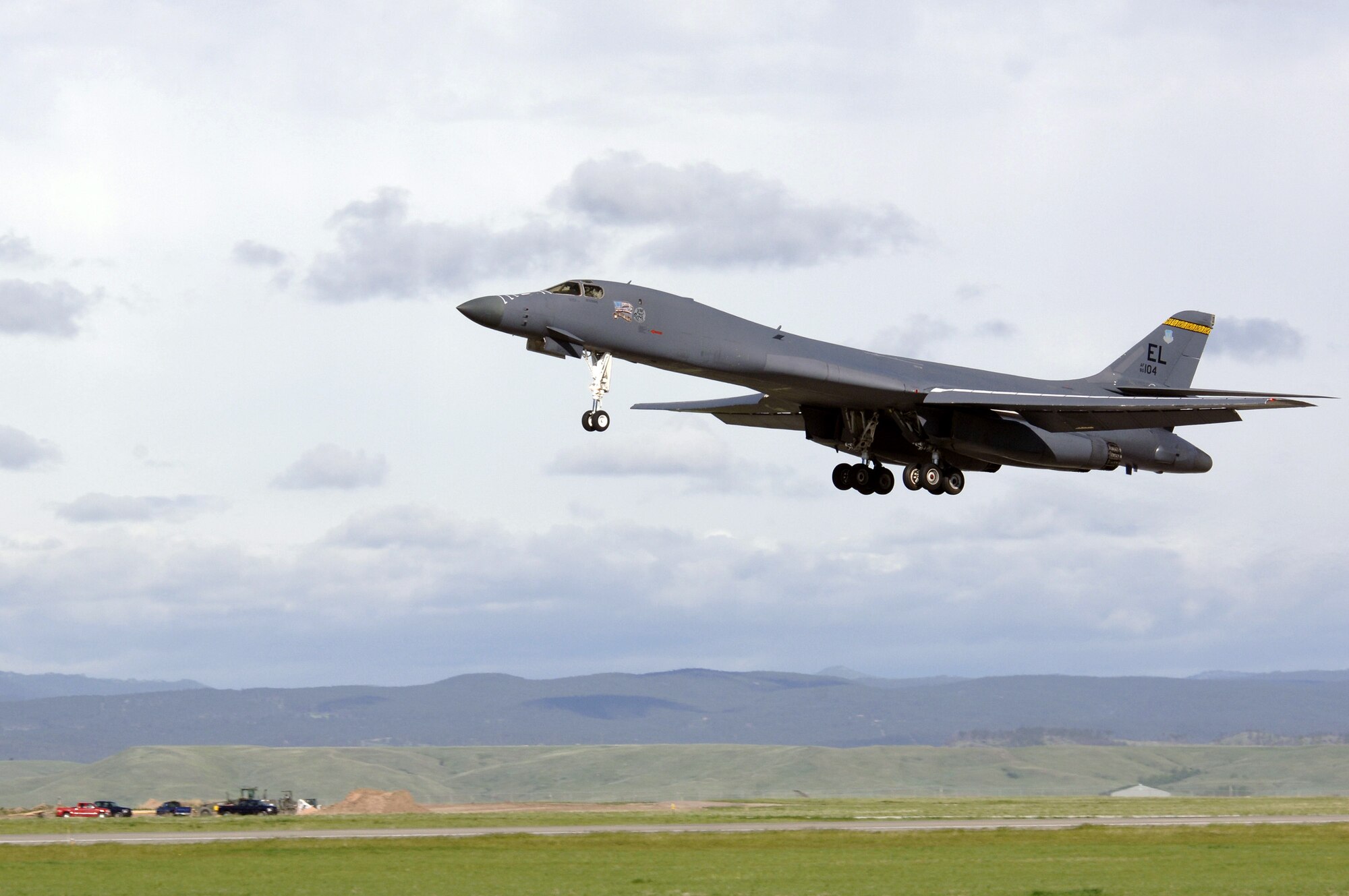 A B-1 Lancer takes off from Ellsworth Air Force Base, S.D., on Tuesday, May 23, 2006, as part of Exercise Badlands Express 06-03. The exercise will prepare the base for an operational readiness inspection in July.    (U.S. Air Force photo/Senior Airman Michael B. Keller) 

